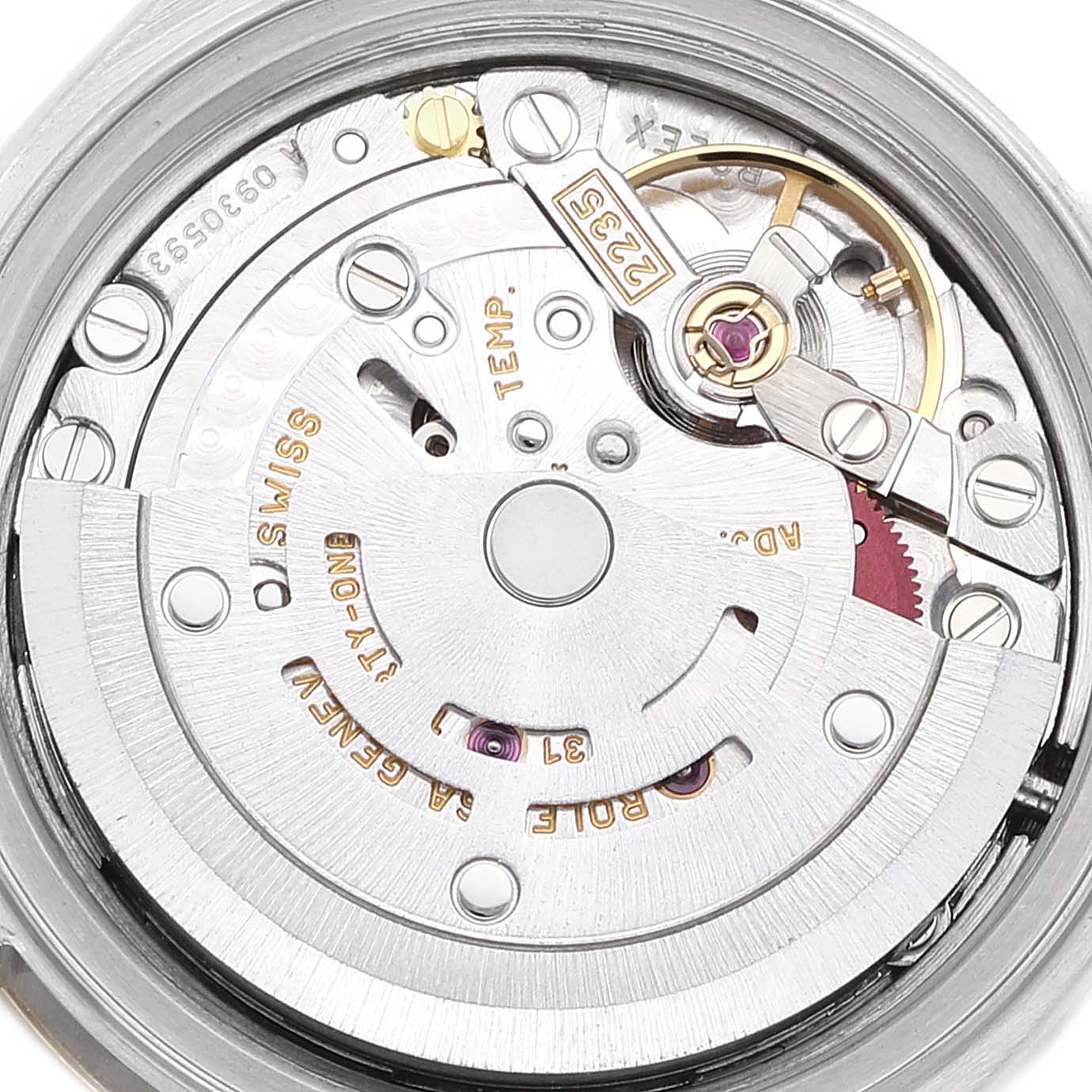 The image shows a close-up of the movement mechanism inside a Rolex Datejust 79173 Women's Steel and Gold (two tone) Grey Dial 79173 Women's Steel and Gold (two tone) Grey Dial watch.