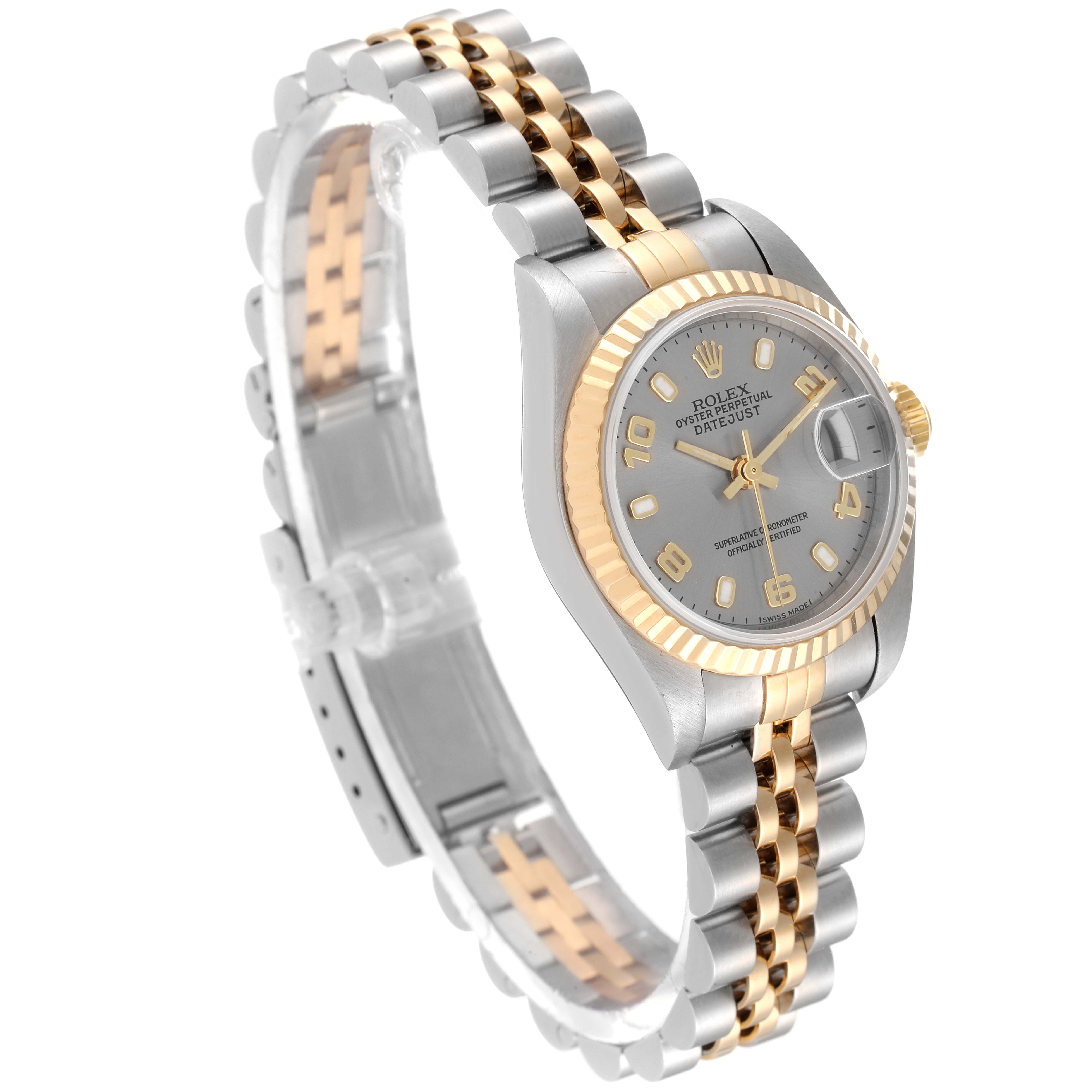 This image shows a Rolex Datejust 79173 Women's Steel and Gold (two tone) Grey Dial 79173 Women's Steel and Gold (two tone) Grey Dial watch at a three-quarter angle, highlighting its gold and silver bracelet, case, and dial.