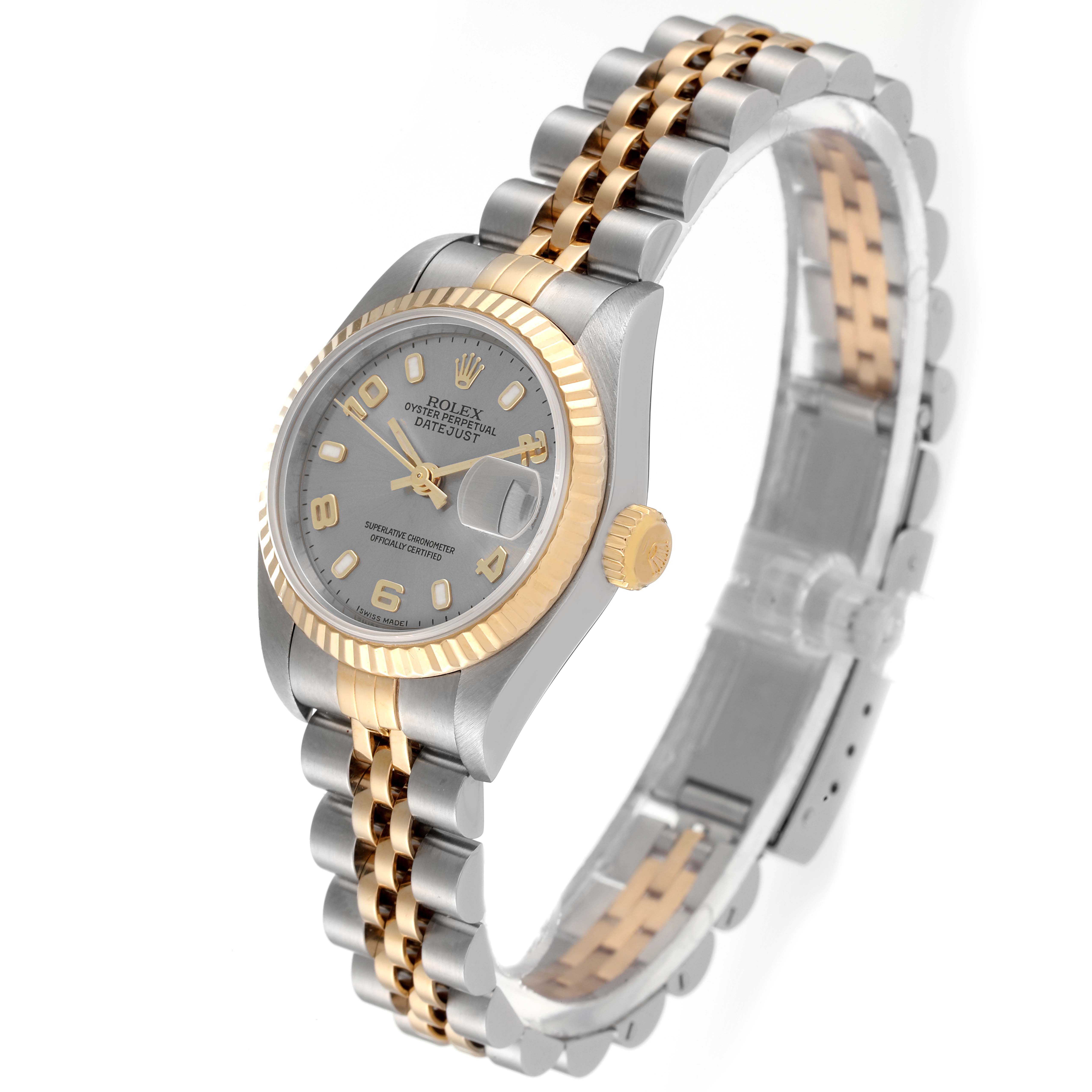 The image shows a Rolex Datejust 79173 Women's Steel and Gold (two tone) Grey Dial 79173 Women's Steel and Gold (two tone) Grey Dial watch at a slight angle, highlighting the dial, bezel, bracelet, and crown.