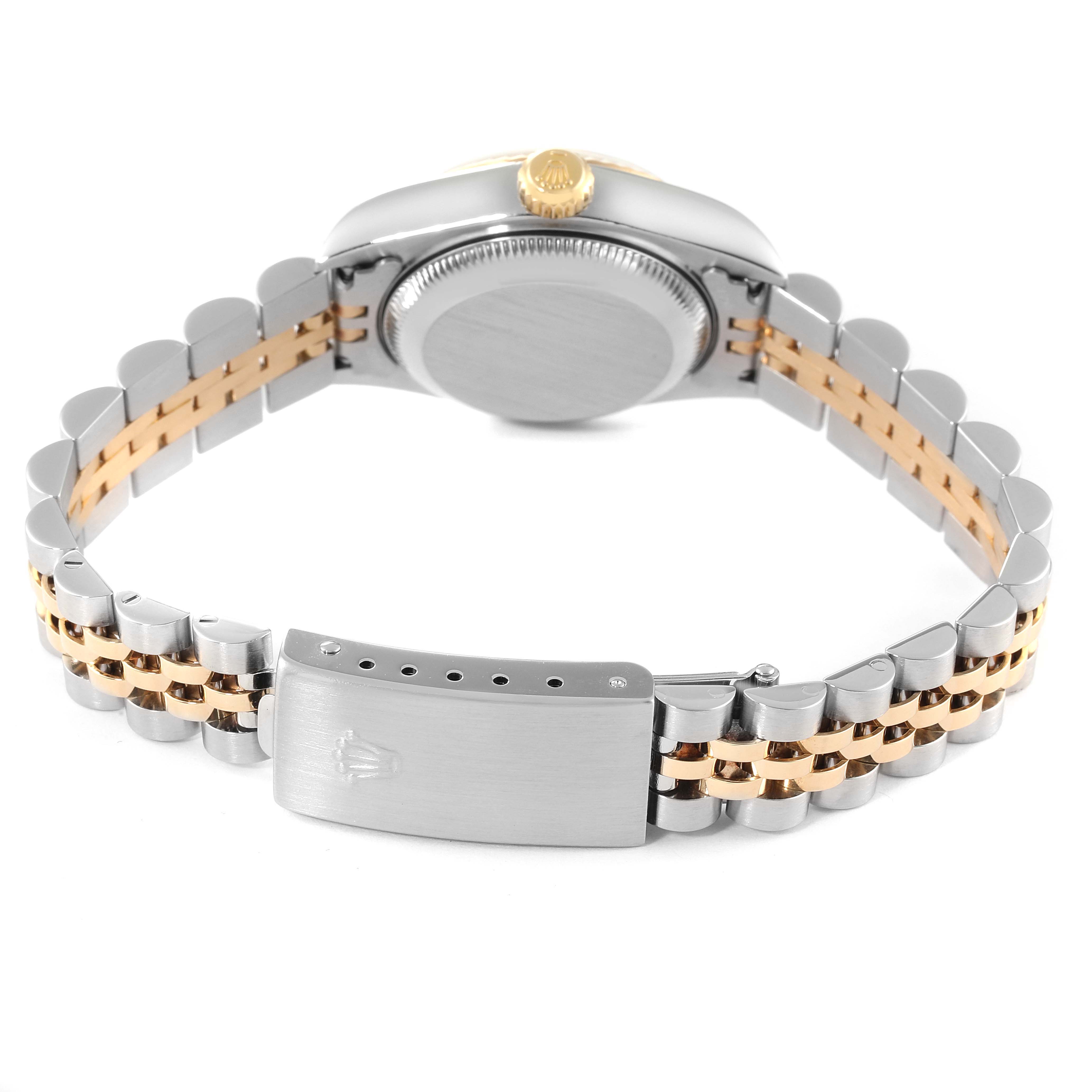 The image shows the back view of a Rolex Datejust 79173 Women's Steel and Gold (two tone) Grey Dial 79173 Women's Steel and Gold (two tone) Grey Dial watch, highlighting its bi-metal bracelet and clasp.