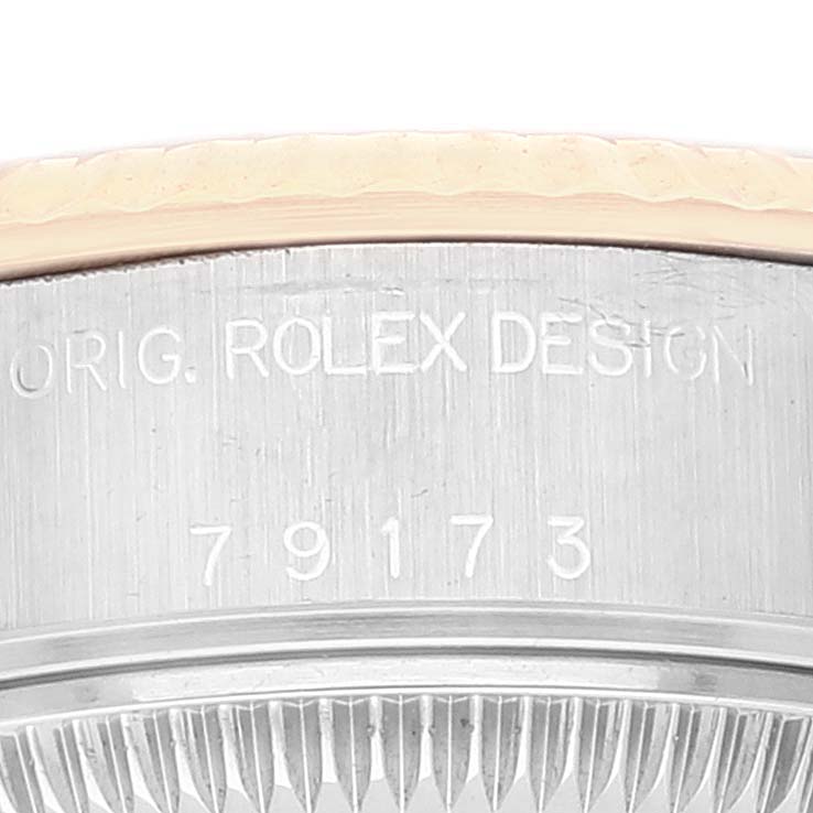 The image shows a close-up of the case side and bezel of a Rolex Datejust 79173 Women's Steel and Gold (two tone) Grey Dial 79173 Women's Steel and Gold (two tone) Grey Dial model, featuring the model number 79173.