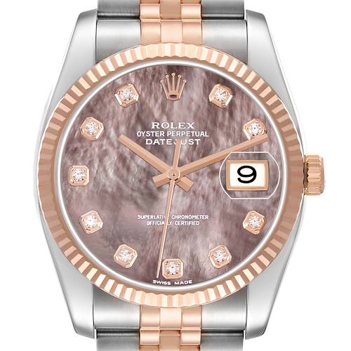 The Rolex Datejust 116231 Men's Steel and Gold (two tone) Mother of Pearl Dial watch is shown front-facing, highlighting its dial, bezel, crown, and part of the bracelet.