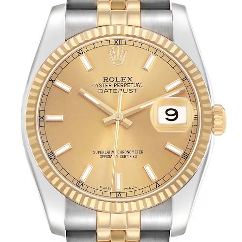 This image shows the Rolex Datejust 116233 Men's Steel and Gold (two tone) Champagne Dial watch from a front angle, highlighting its dial, fluted bezel, and part of the bracelet.