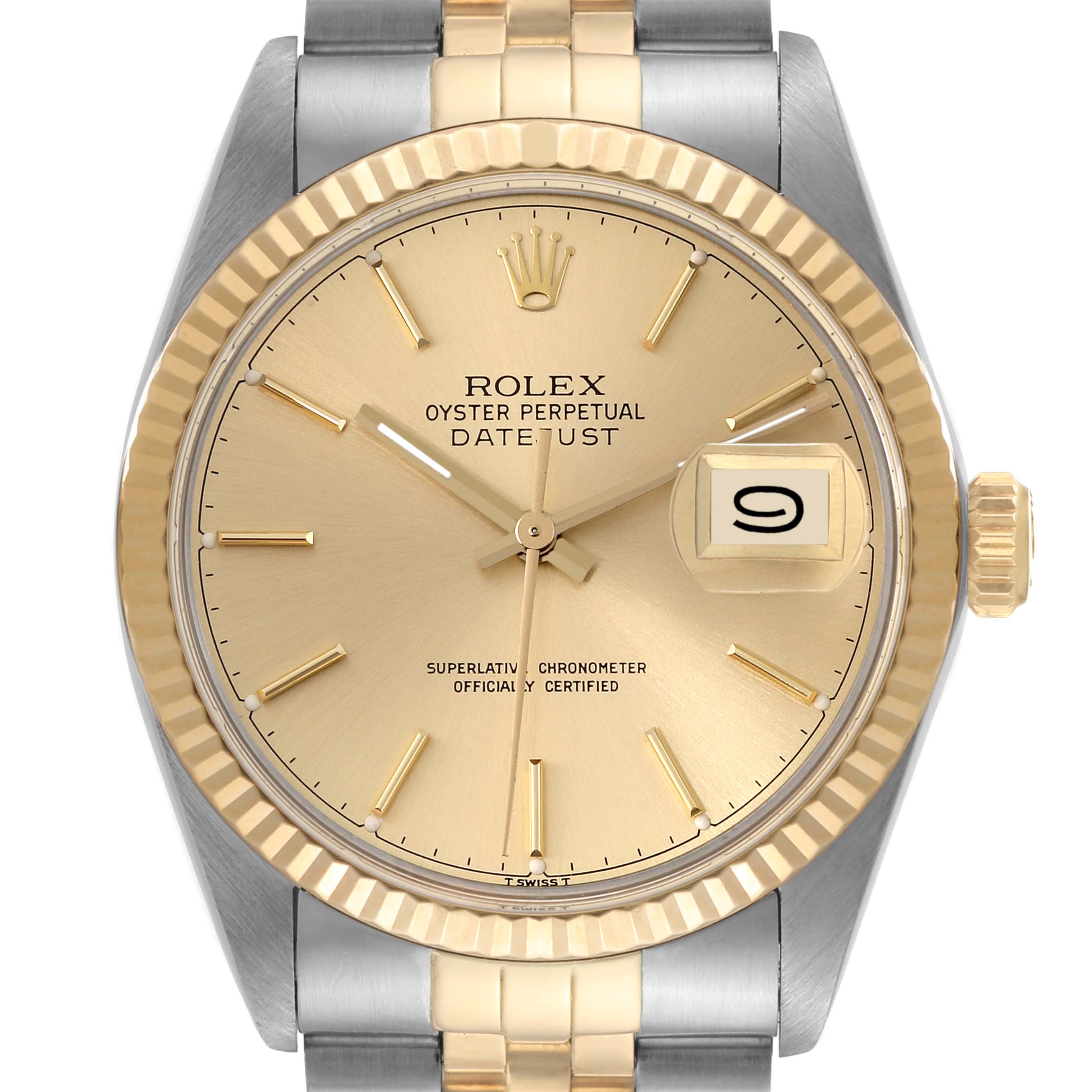 The image shows a front view of the Rolex Vintage Collection 16013 Men's Steel and Gold (two tone) Champagne Dial 16013 Men's Steel and Gold (two tone) Champagne Dial watch, showcasing its gold dial, date display, and two-tone bracelet.