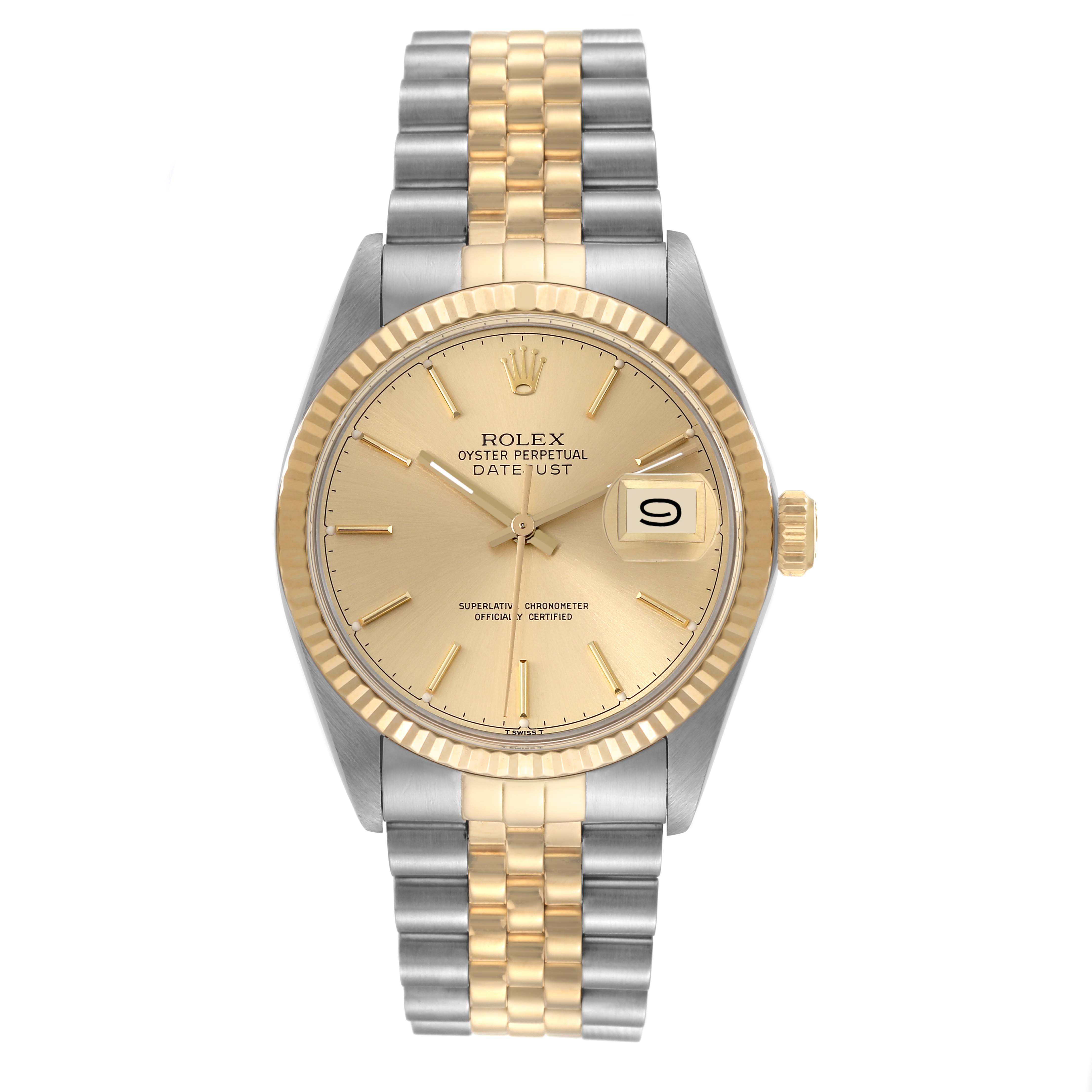 The Rolex Vintage Collection 16013 Men's Steel and Gold (two tone) Champagne Dial 16013 Men's Steel and Gold (two tone) Champagne Dial model is shown from a front view, highlighting the dial, fluted bezel, and two-tone bracelet.