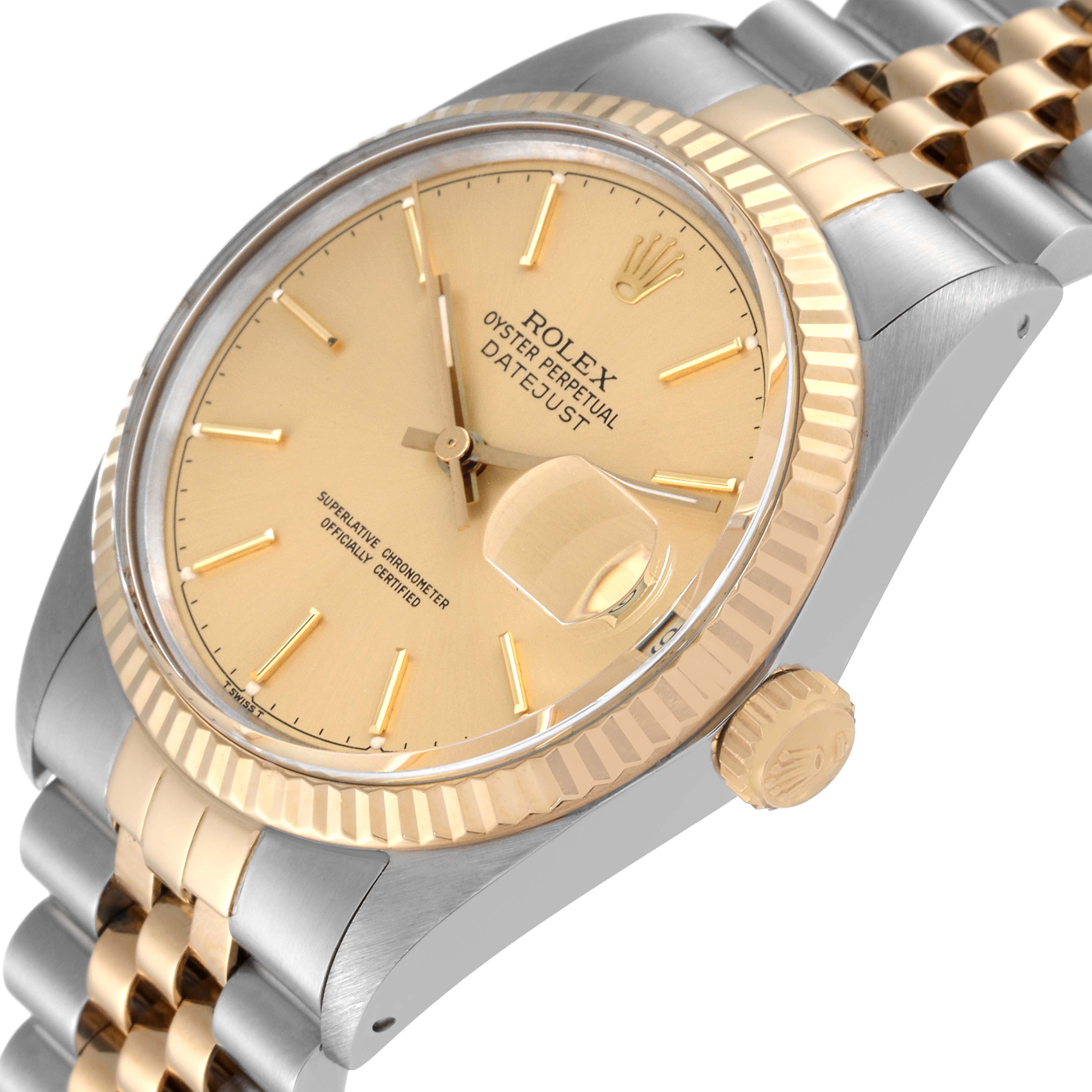 The Rolex Vintage Collection 16013 Men's Steel and Gold (two tone) Champagne Dial 16013 Men's Steel and Gold (two tone) Champagne Dial model is shown at an angled close-up, highlighting the dial, fluted bezel, and part of the bracelet and crown.