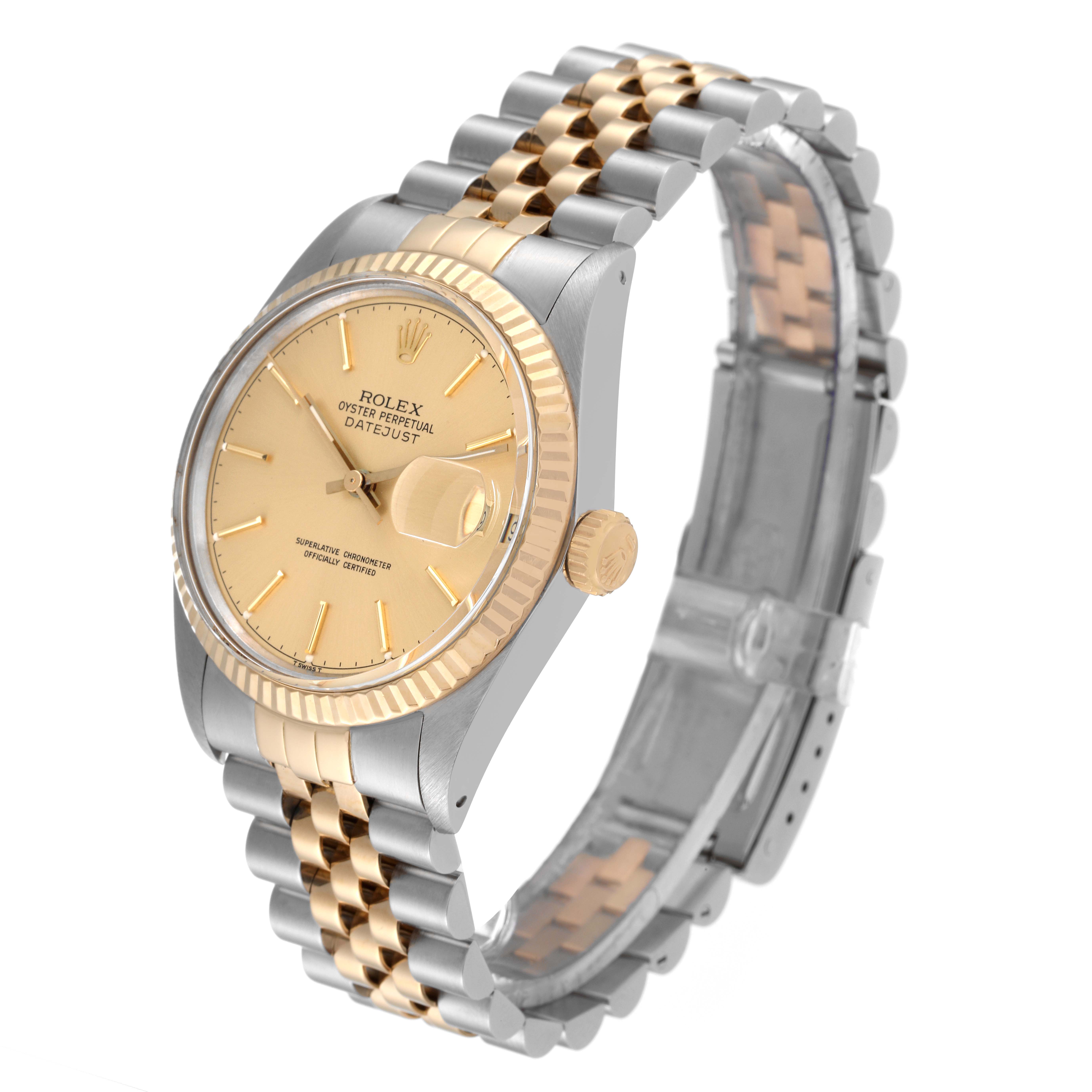 This image shows a Rolex Vintage Collection 16013 Men's Steel and Gold (two tone) Champagne Dial 16013 Men's Steel and Gold (two tone) Champagne Dial model Datejust watch at a three-quarter angle, highlighting the bracelet, dial, and bezel.