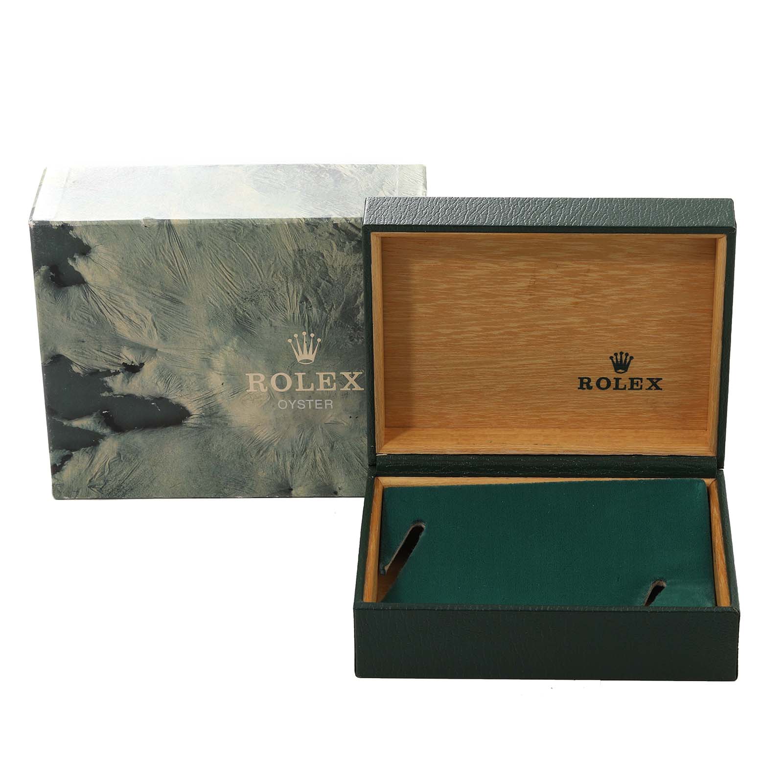 The image shows an open Rolex Vintage Collection 16013 Men's Steel and Gold (two tone) Champagne Dial 16013 Men's Steel and Gold (two tone) Champagne Dial watch box with its lid and outer packaging visible.