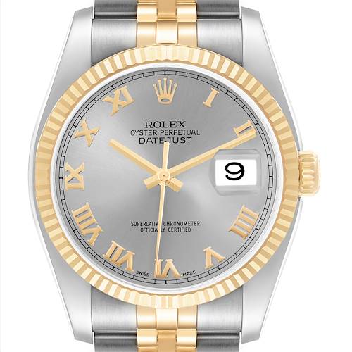 The Rolex Datejust 116233 Men's Steel and Gold (two tone) Silver Dial watch is shown from a front angle, highlighting the bezel, dial, hands, date window, and part of the bracelet.
