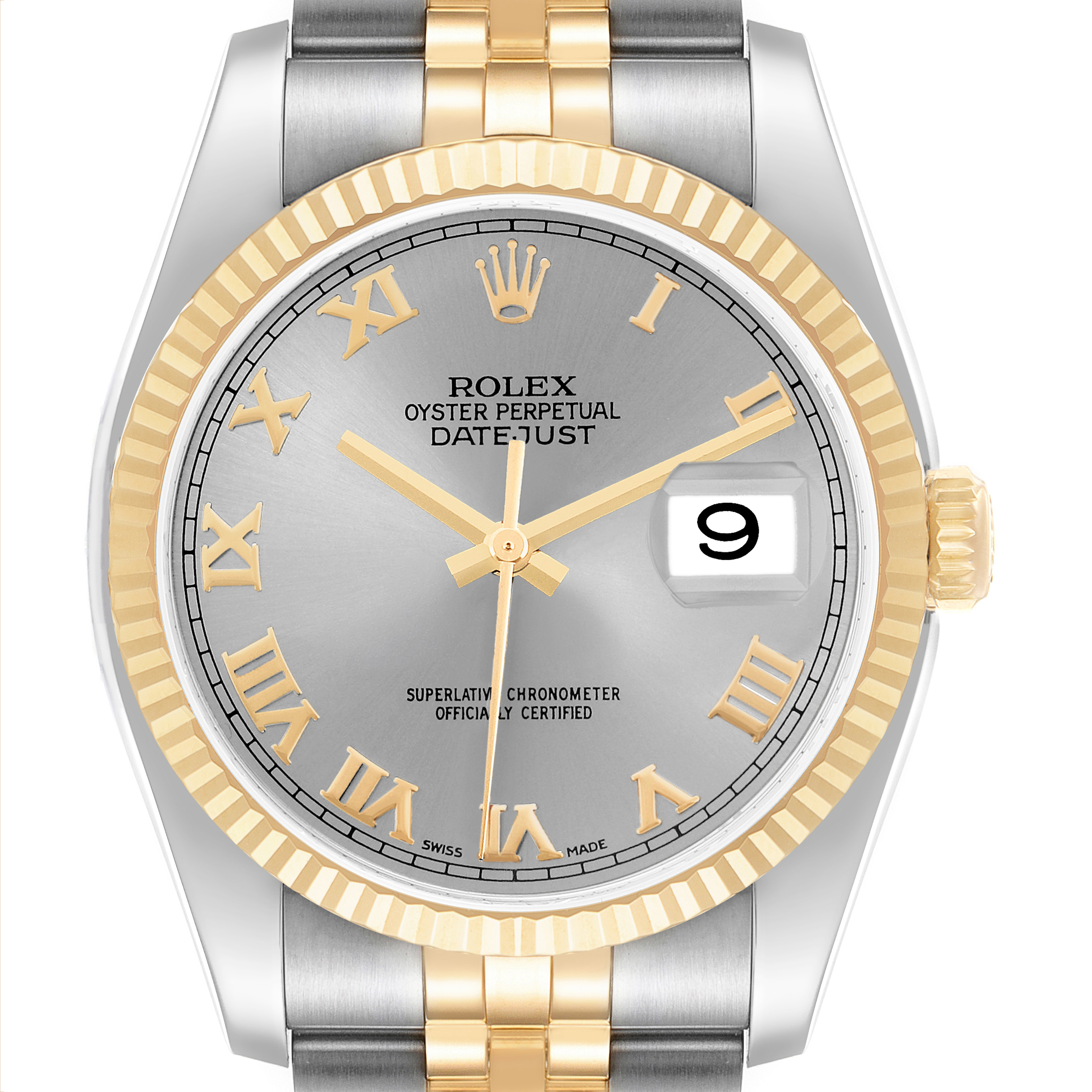 The Rolex Datejust 116233 Mens Steel and Gold (two tone) Silver Dial watch is shown from the front, displaying the dial, bezel, crown, and part of the bracelet.