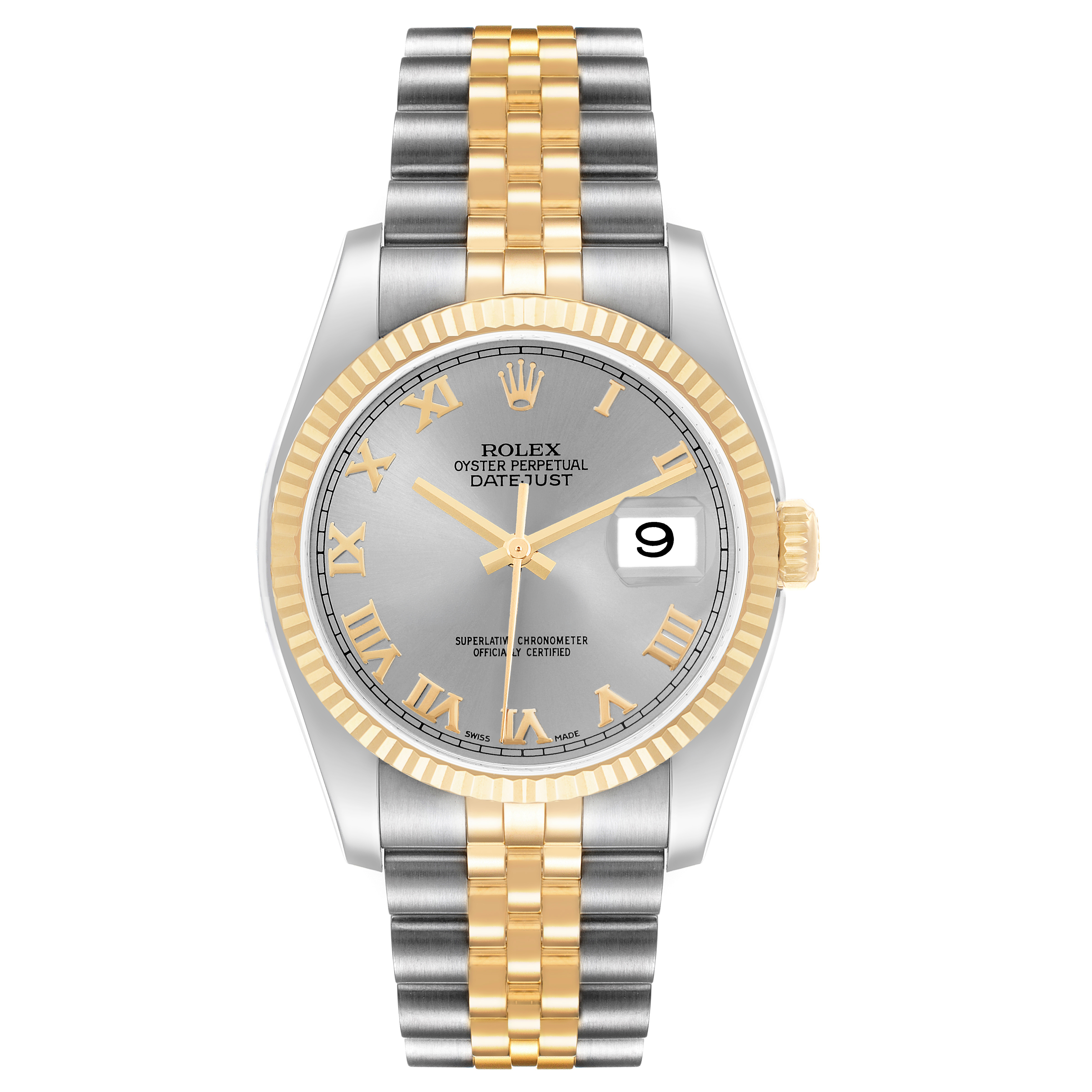 The Rolex Datejust 116233 Mens Steel and Gold (two tone) Silver Dial watch is shown from the front, displaying the dial, bezel, bracelet, and date window.