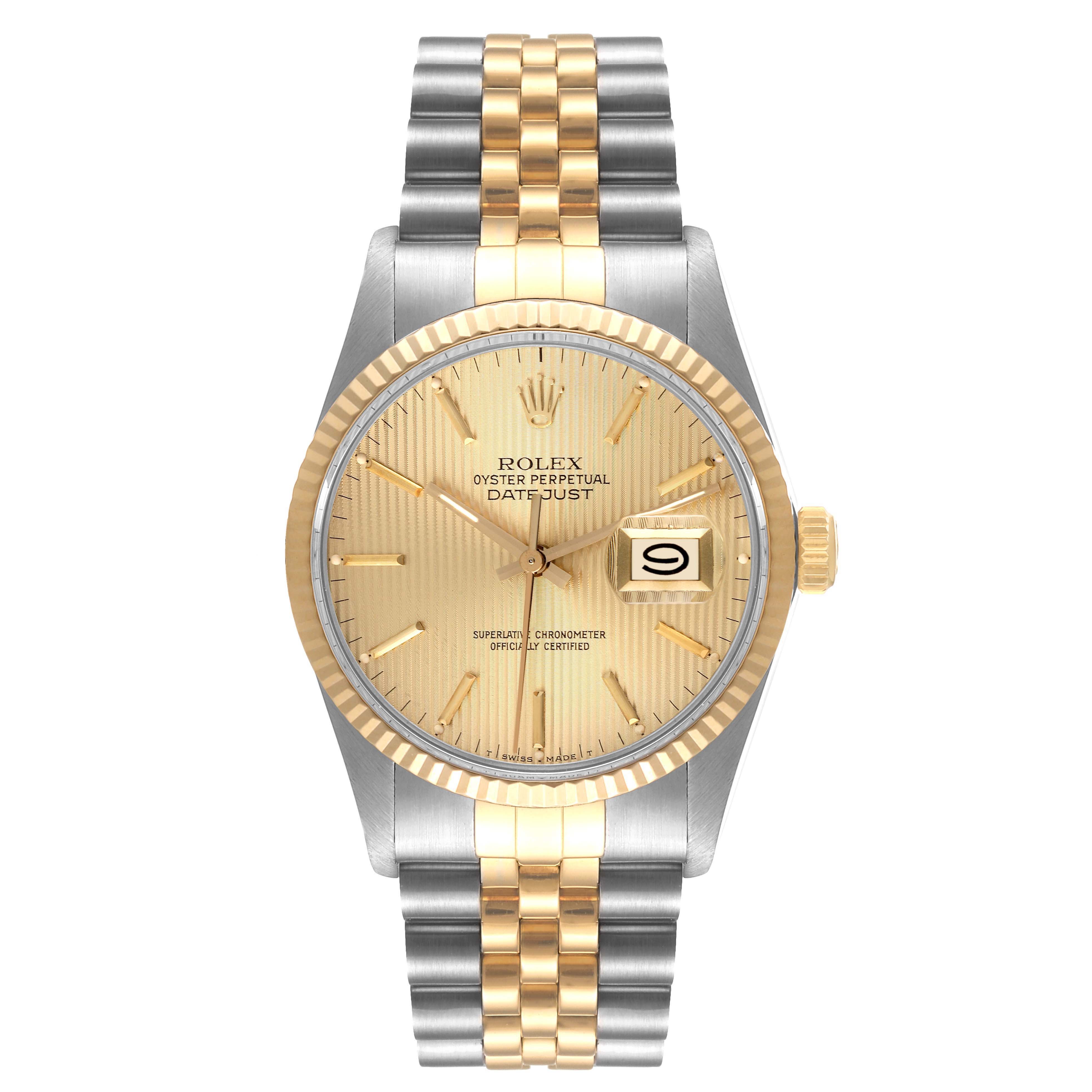 The image shows a front view of the Rolex Vintage Collection 16013 Men's Steel and Gold (two tone) Champagne Dial 16013 Men's Steel and Gold (two tone) Champagne Dial model watch, highlighting its gold and silver bracelet, dial, and date window.