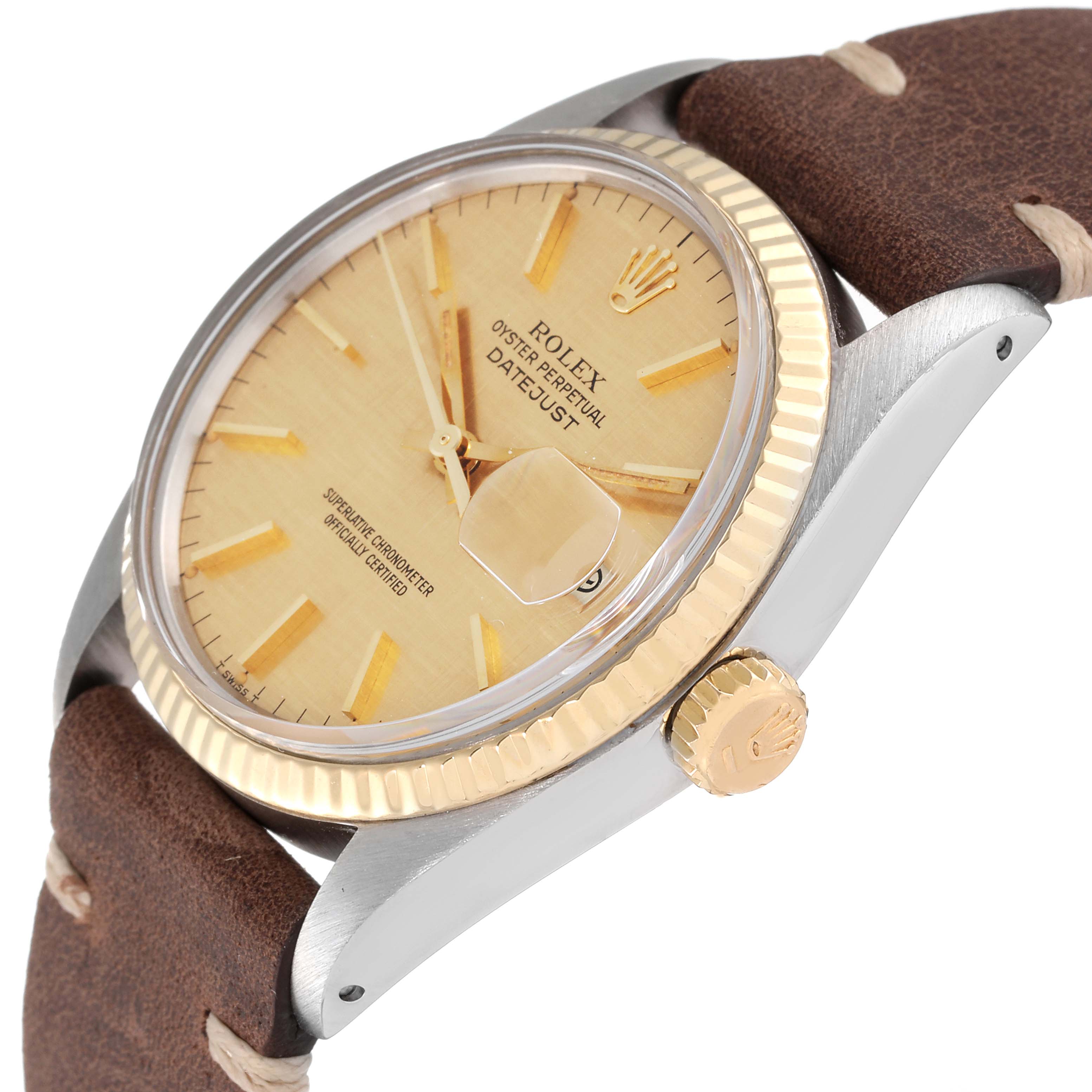 This Rolex Vintage Collection 16013 Men's Steel and Gold (two tone) Champagne Dial 16013 Men's Steel and Gold (two tone) Champagne Dial Datejust watch is shown from a side angle highlighting the face, bezel, crown, and part of the leather strap.