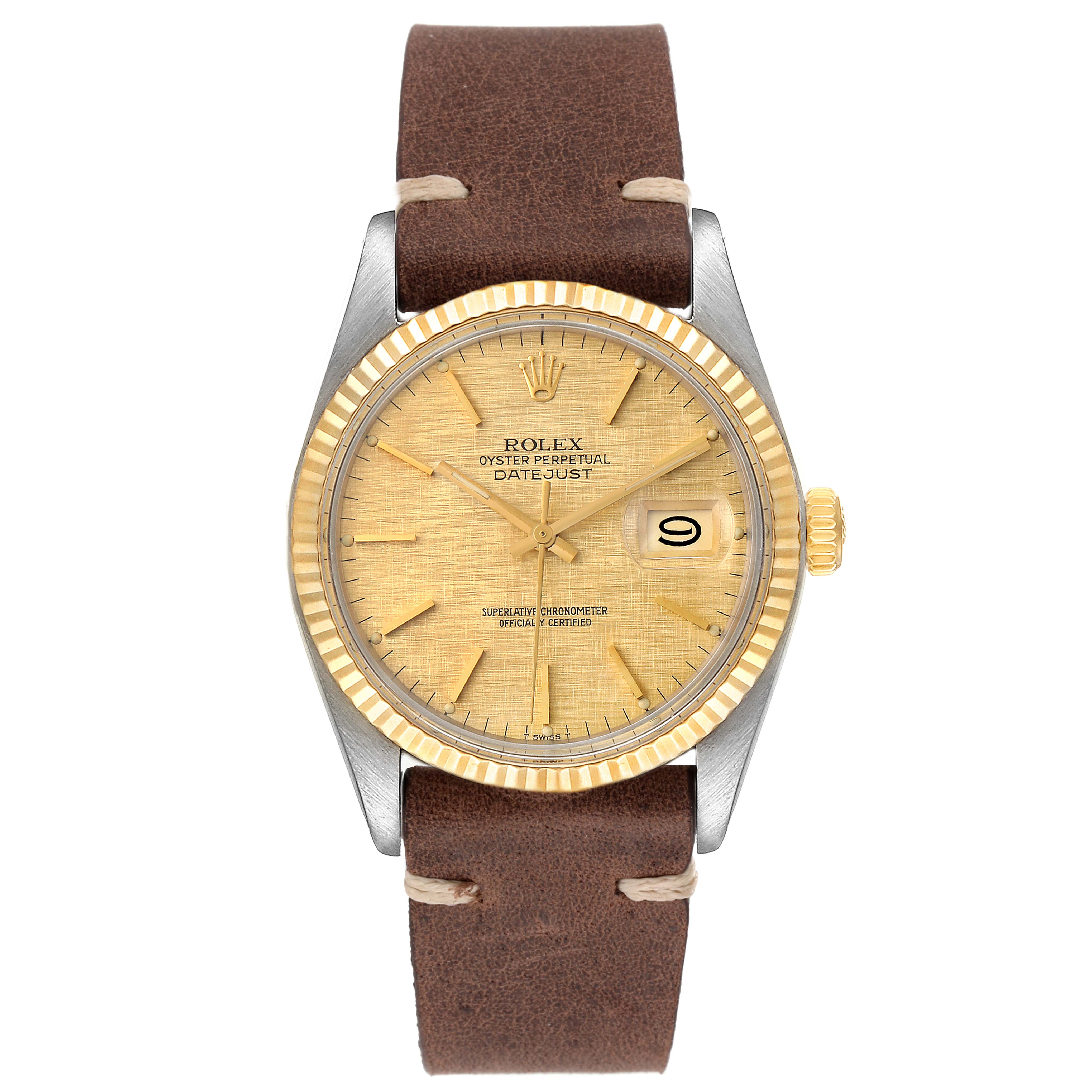 The Rolex Vintage Collection 16013 Men's Steel and Gold (two tone) Champagne Dial 16013 Men's Steel and Gold (two tone) Champagne Dial watch is shown from a top-down angle, displaying its face, bezel, crown, and leather strap.