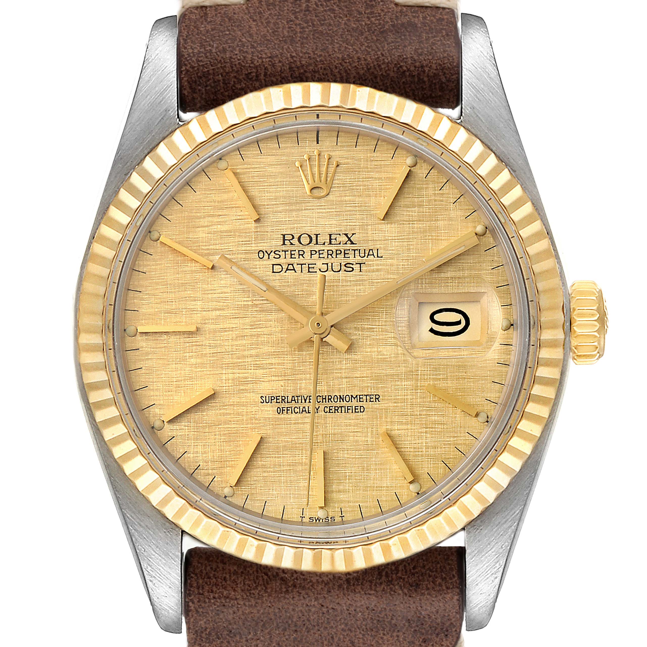 The Rolex Vintage Collection 16013 Men's Steel and Gold (two tone) Champagne Dial 16013 Men's Steel and Gold (two tone) Champagne Dial Datejust watch is shown from a front angle, highlighting its dial, case, crown, and leather strap.