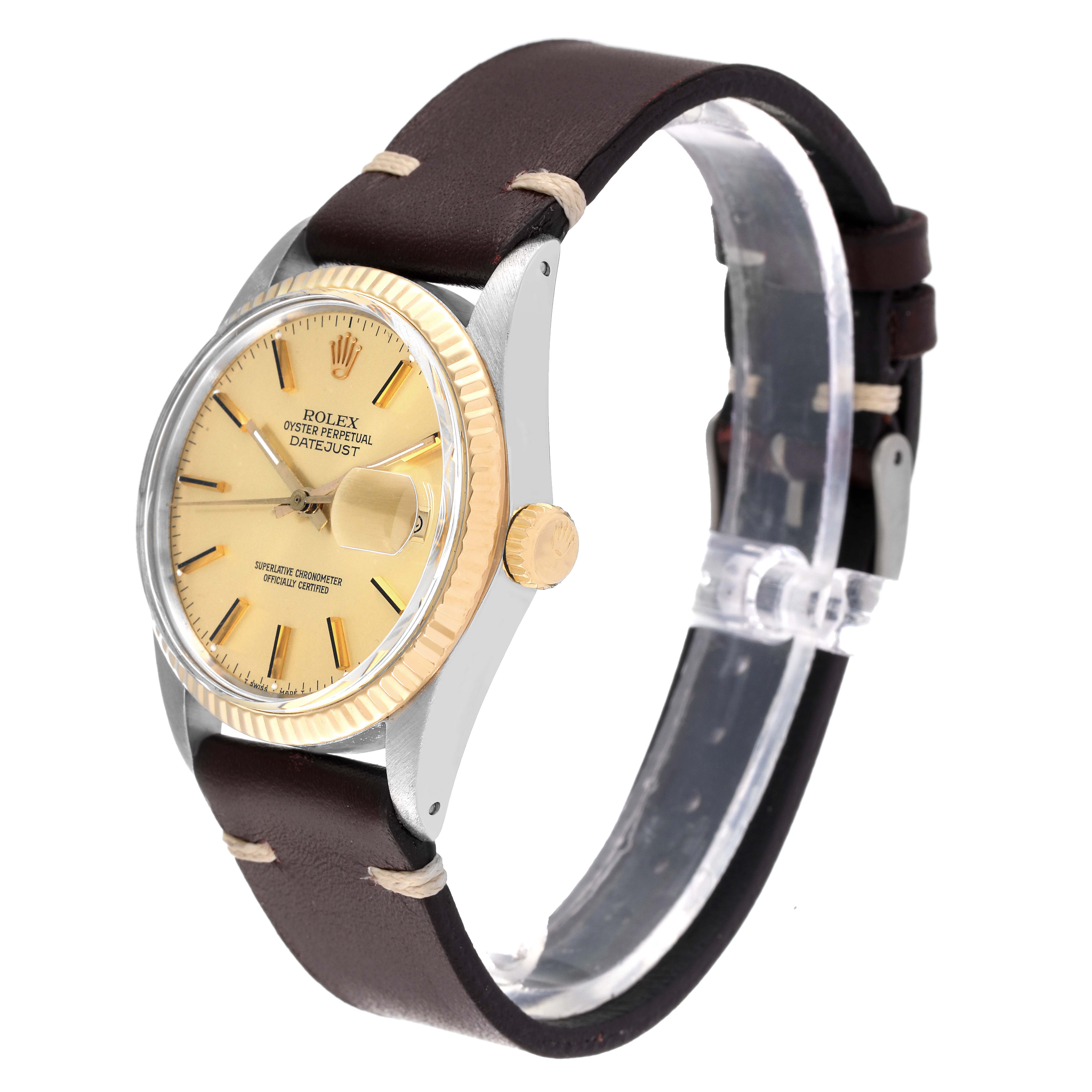 The image shows a Rolex Vintage Collection 16013 Men's Steel and Gold (two tone) Champagne Dial 16013 Men's Steel and Gold (two tone) Champagne Dial model at a side angle, displaying the face, case, crown, and leather strap.