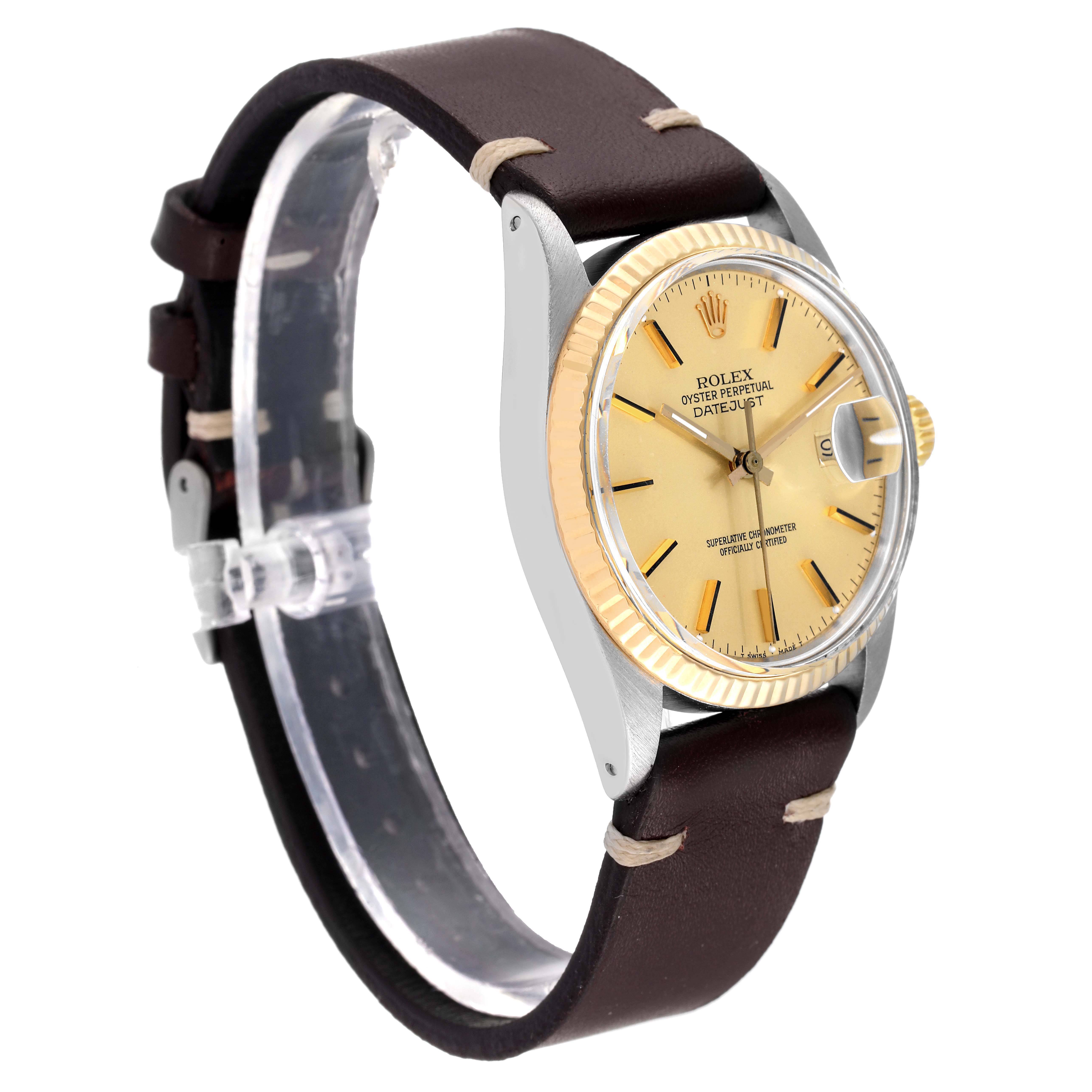 The image shows a side angle of a Rolex Vintage Collection 16013 Men's Steel and Gold (two tone) Champagne Dial 16013 Men's Steel and Gold (two tone) Champagne Dial model, highlighting the face, bezel, and strap.