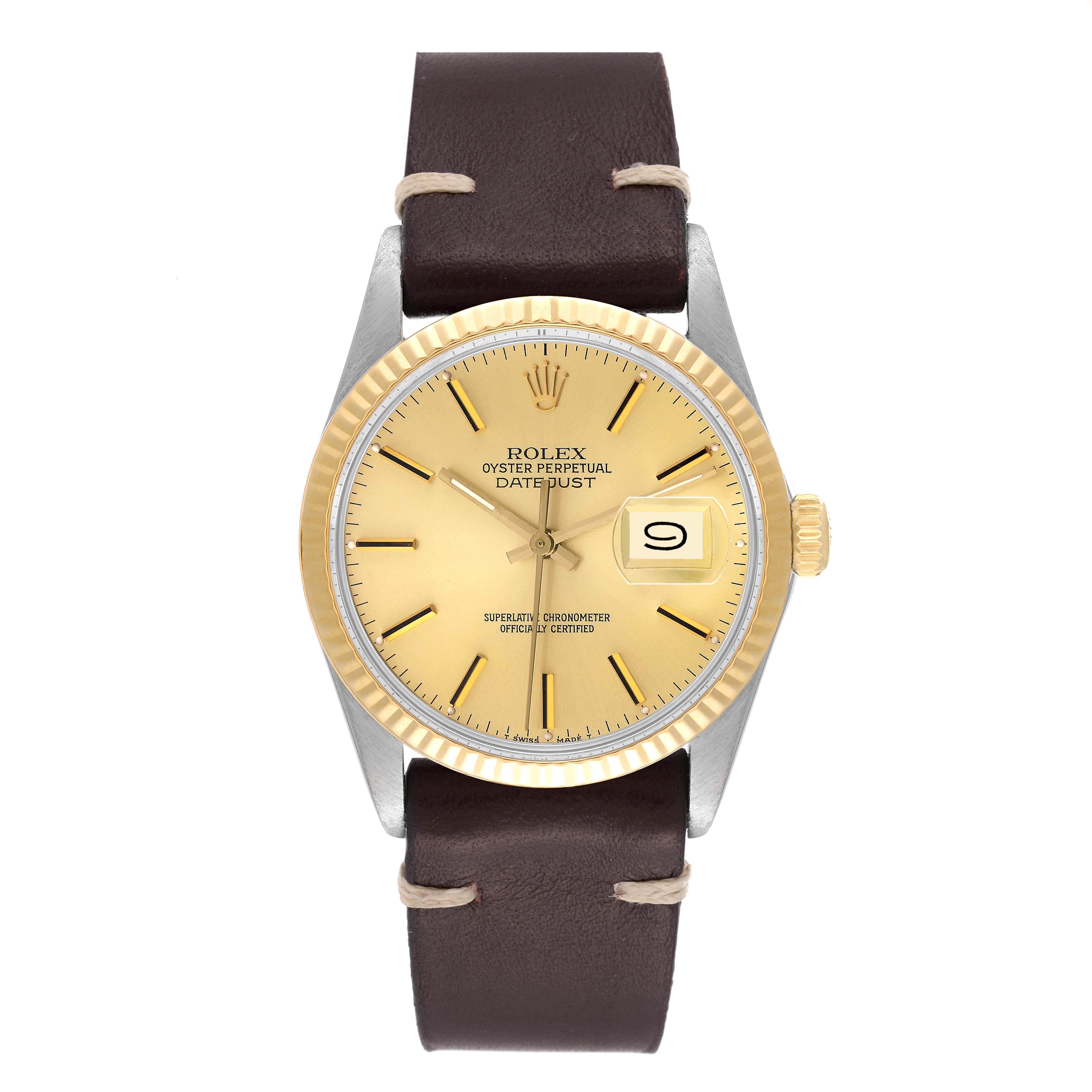 The Rolex Vintage Collection 16013 Men's Steel and Gold (two tone) Champagne Dial 16013 Men's Steel and Gold (two tone) Champagne Dial model is shown from a top-down angle, displaying its face, bezel, and leather strap.