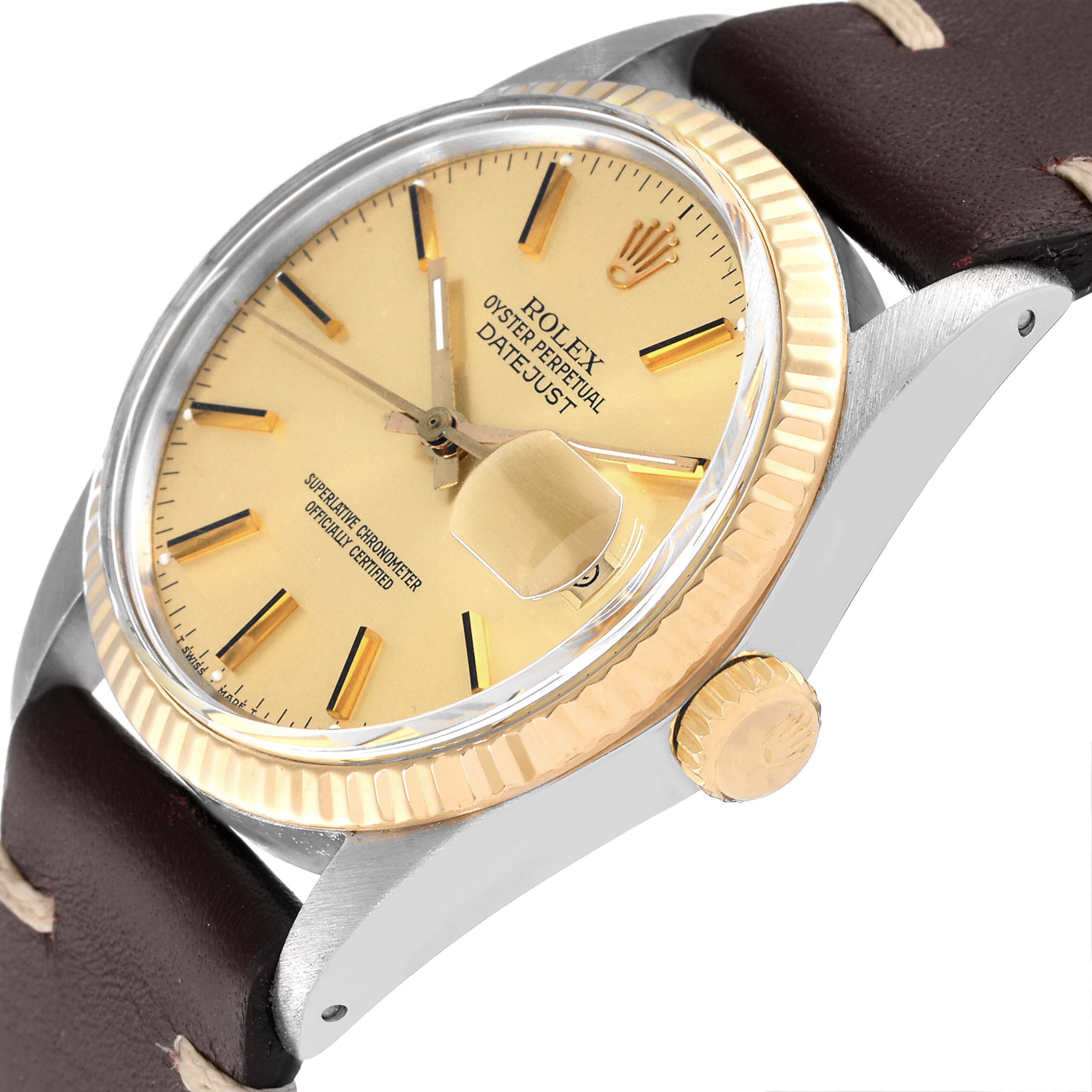 The image shows a side angle of the Rolex Vintage Collection 16013 Men's Steel and Gold (two tone) Champagne Dial 16013 Men's Steel and Gold (two tone) Champagne Dial Datejust watch, highlighting its dial, bezel, crown, and leather strap.