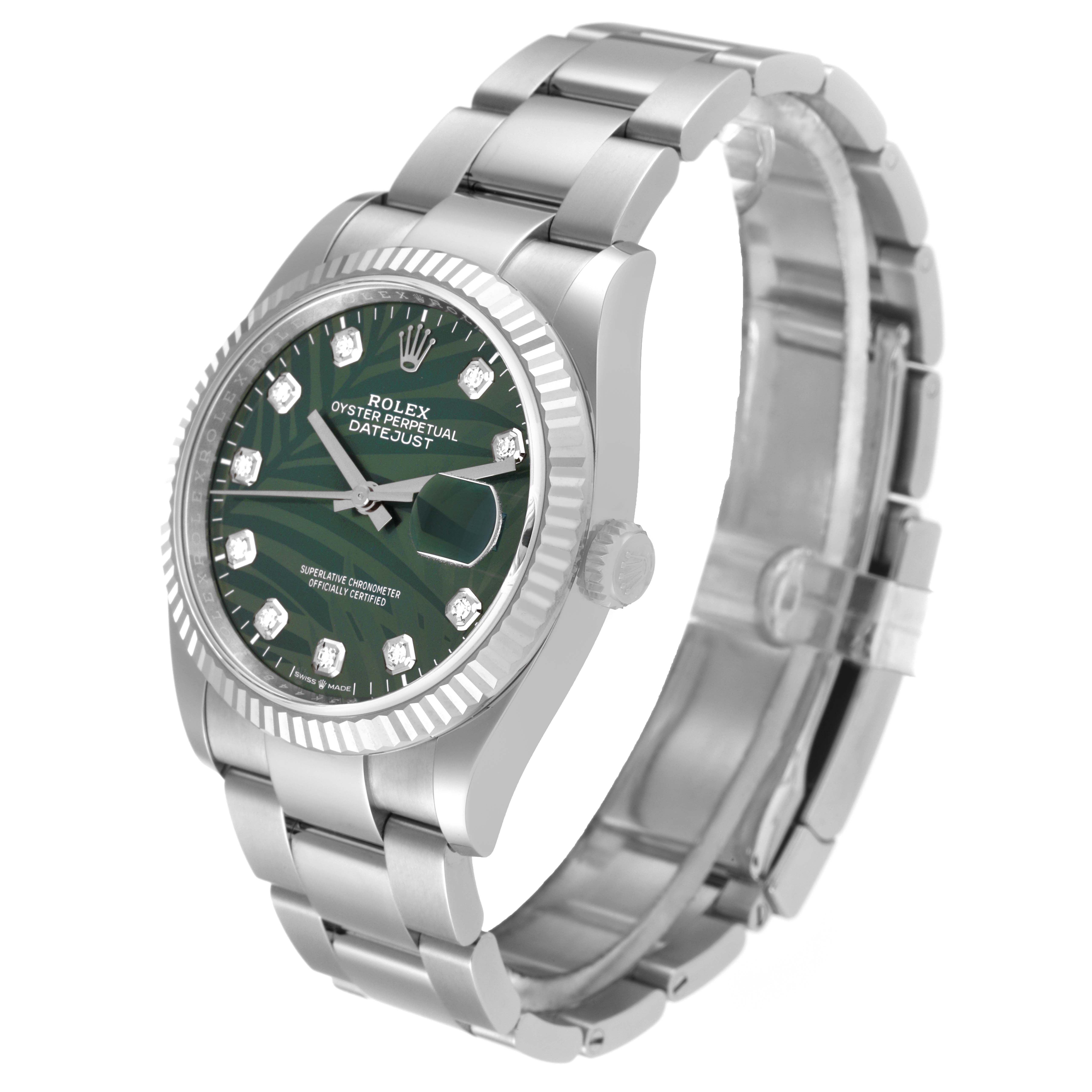 The image shows a Rolex Datejust 126234 Men's Stainless Steel Green Dial 126234 Men's Stainless Steel Green Dial watch at a three-quarters angle, highlighting the green dial, fluted bezel, and stainless steel bracelet.