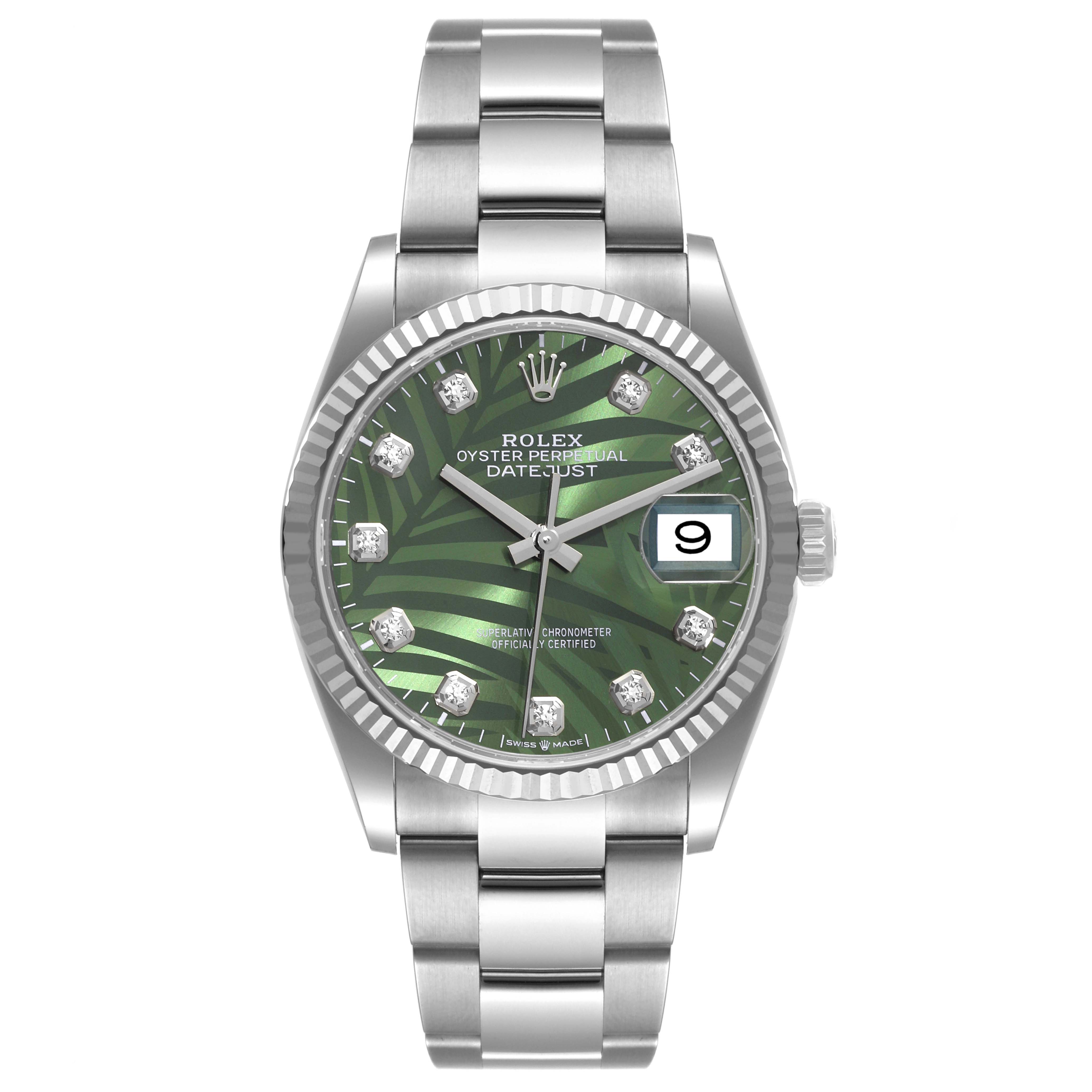 The Rolex Datejust 126234 Men's Stainless Steel Green Dial 126234 Men's Stainless Steel Green Dial watch is shown from a front angle, displaying its dial, case, bezel, and bracelet.