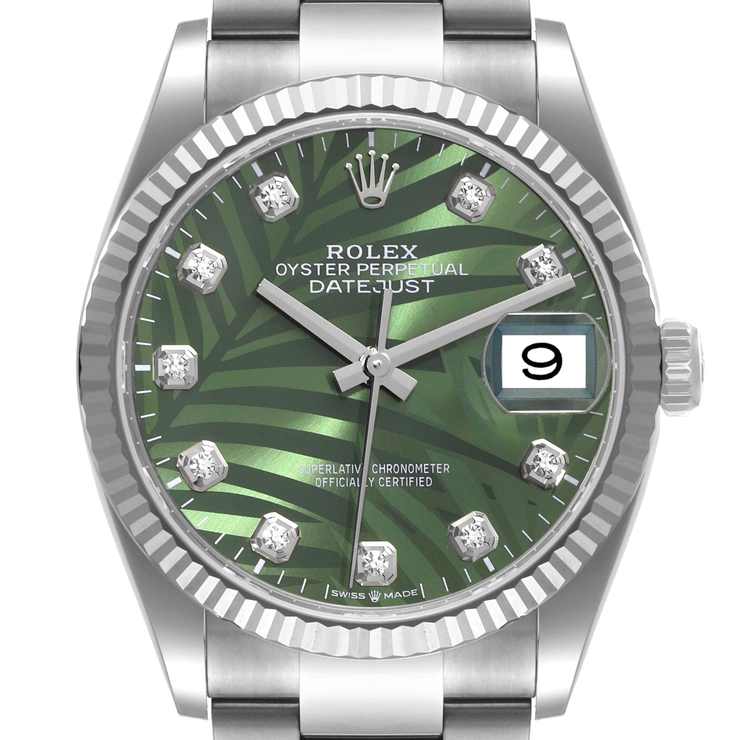 The image shows a front view of a Rolex Datejust 126234 Men's Stainless Steel Green Dial 126234 Men's Stainless Steel Green Dial watch, highlighting the dial, bezel, crown, and part of the bracelet.