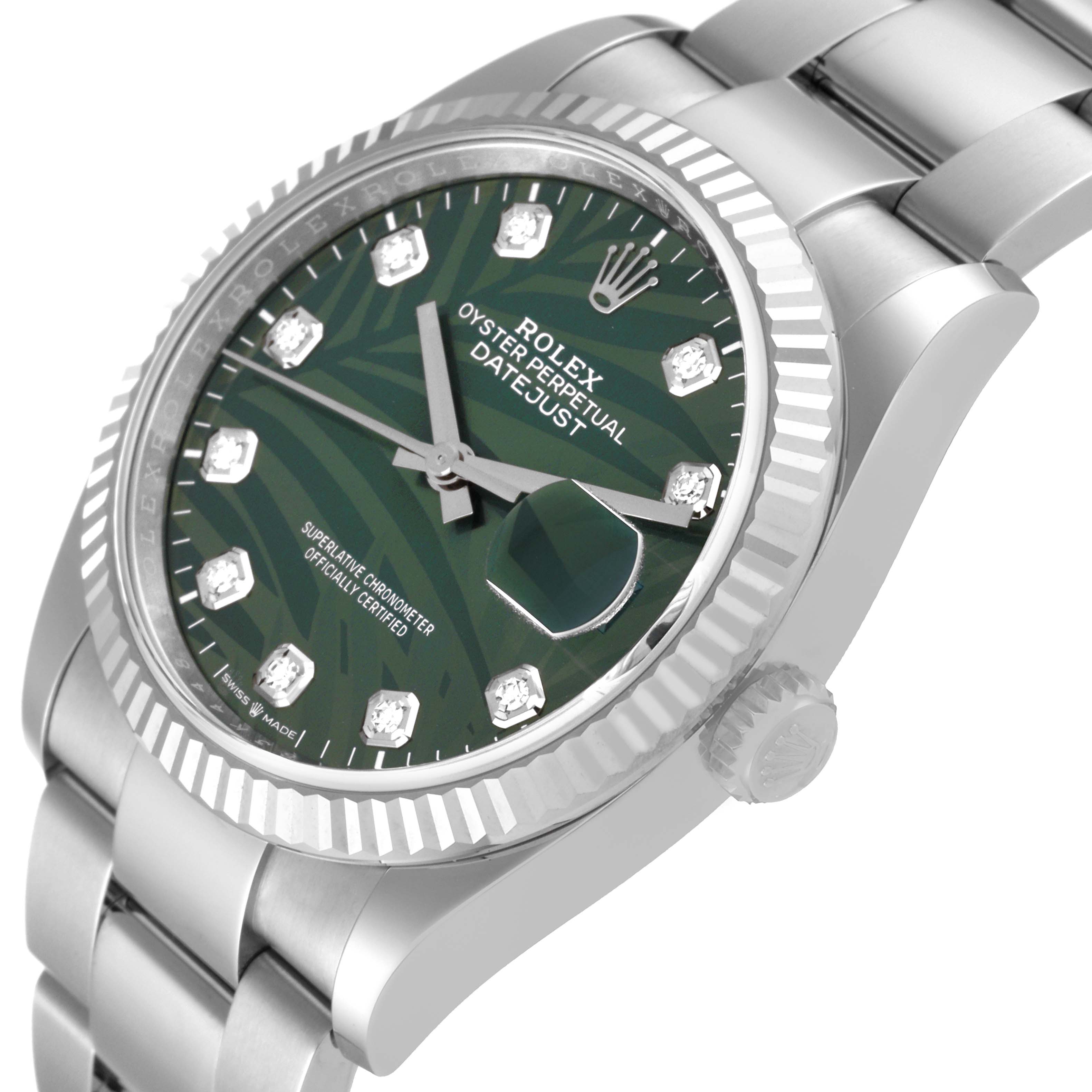 The image shows a partially angled view of a Rolex Datejust 126234 Men's Stainless Steel Green Dial 126234 Men's Stainless Steel Green Dial watch, highlighting the face, bezel, crown, and part of the bracelet.