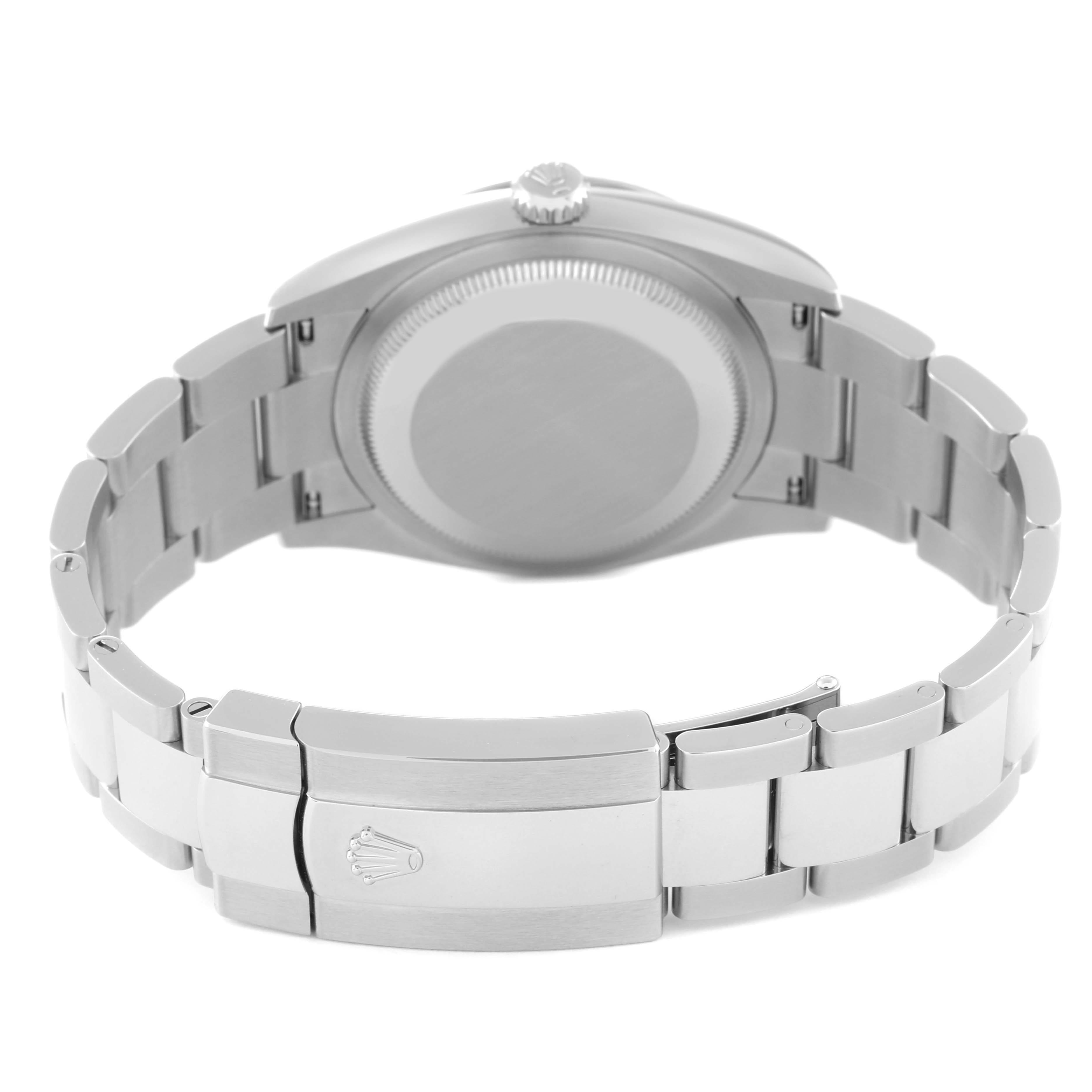 The image shows the back side of a Rolex Datejust 126234 Men's Stainless Steel Green Dial 126234 Men's Stainless Steel Green Dial watch, highlighting its case back, bracelet, and clasp with the Rolex logo.