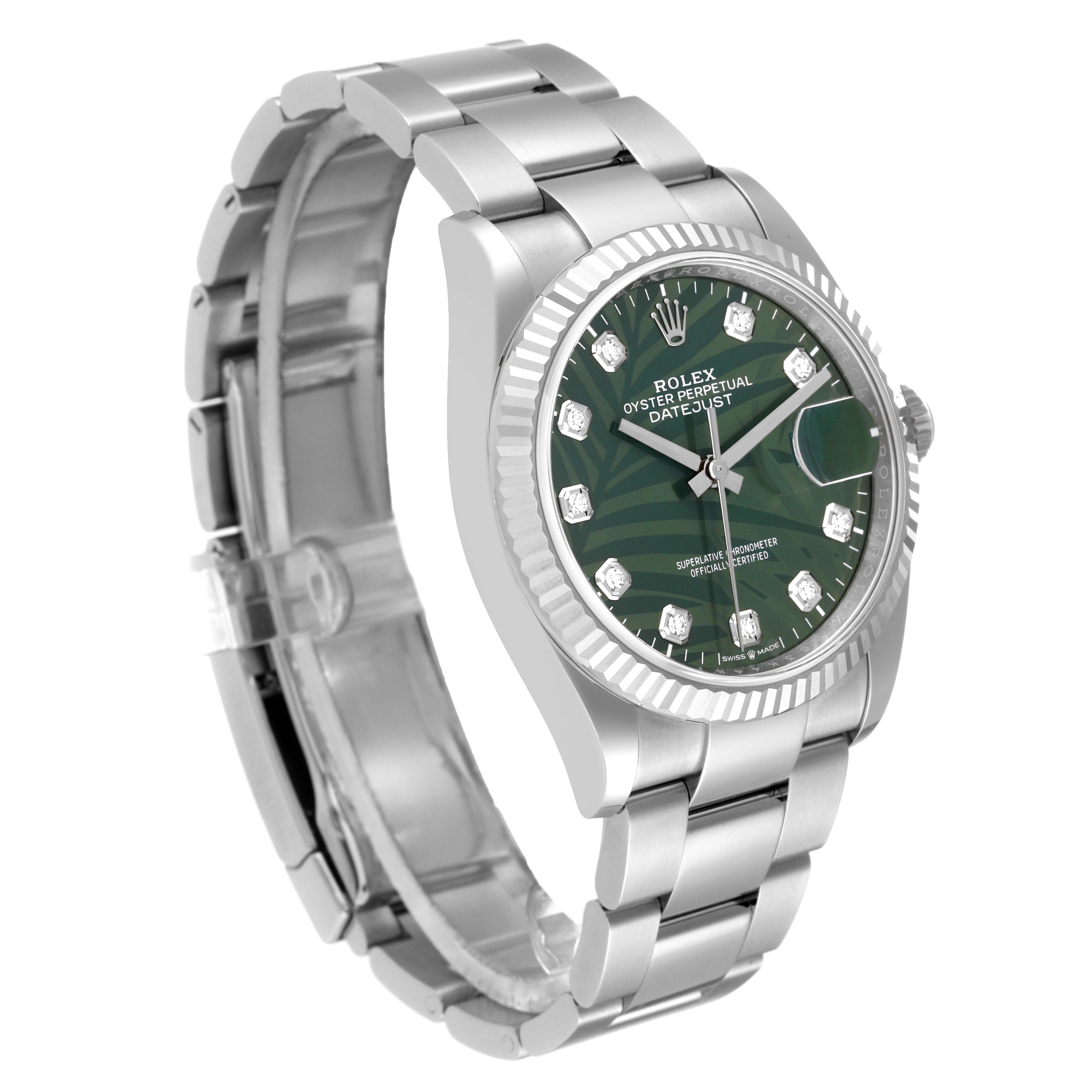 The image shows a Rolex Datejust 126234 Men's Stainless Steel Green Dial 126234 Men's Stainless Steel Green Dial watch from a front angle, highlighting the green dial, fluted bezel, and metal bracelet.