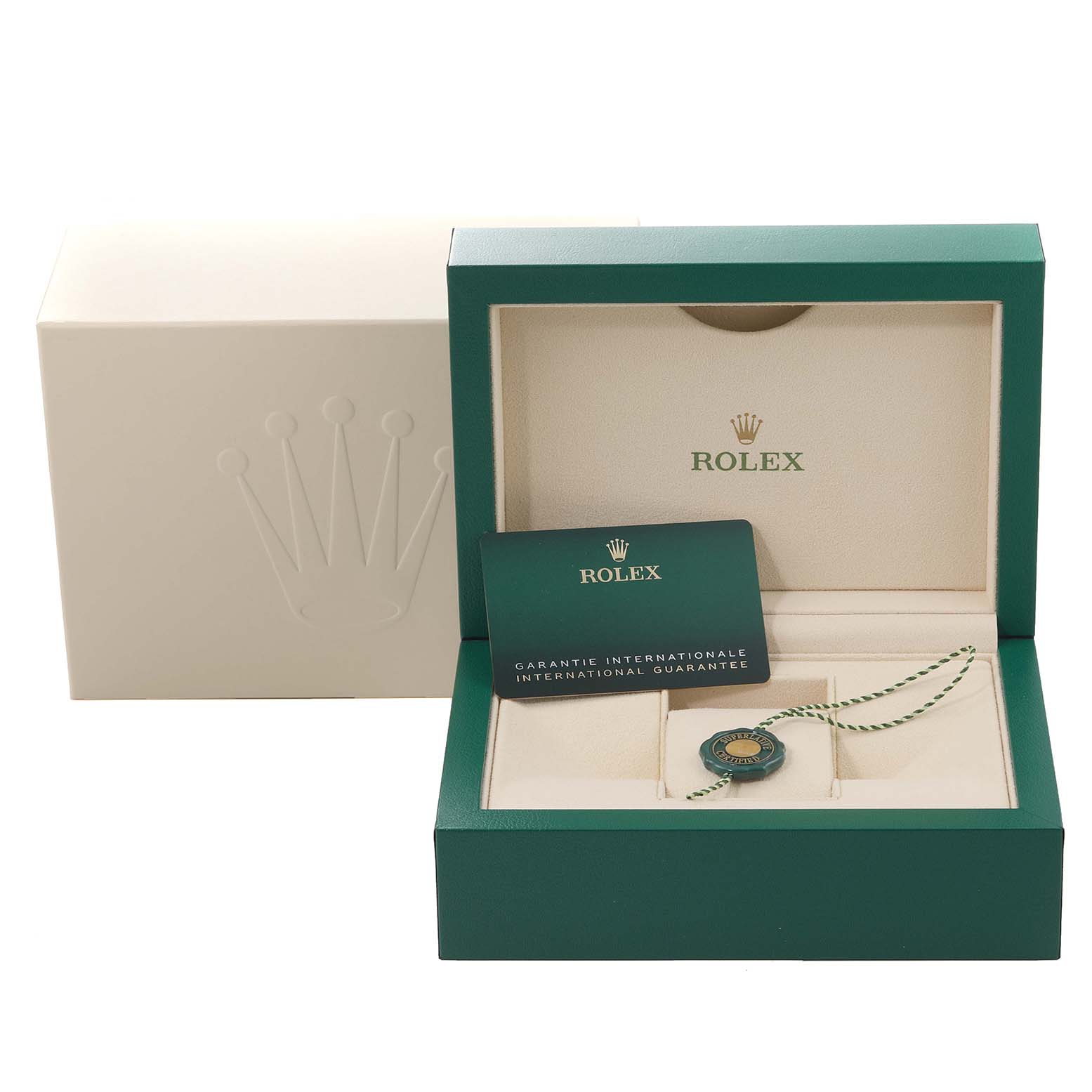 This image shows the packaging and accessories for a Rolex Datejust 126234 Men's Stainless Steel Green Dial 126234 Men's Stainless Steel Green Dial, including the box, guarantee card, and hang tag.