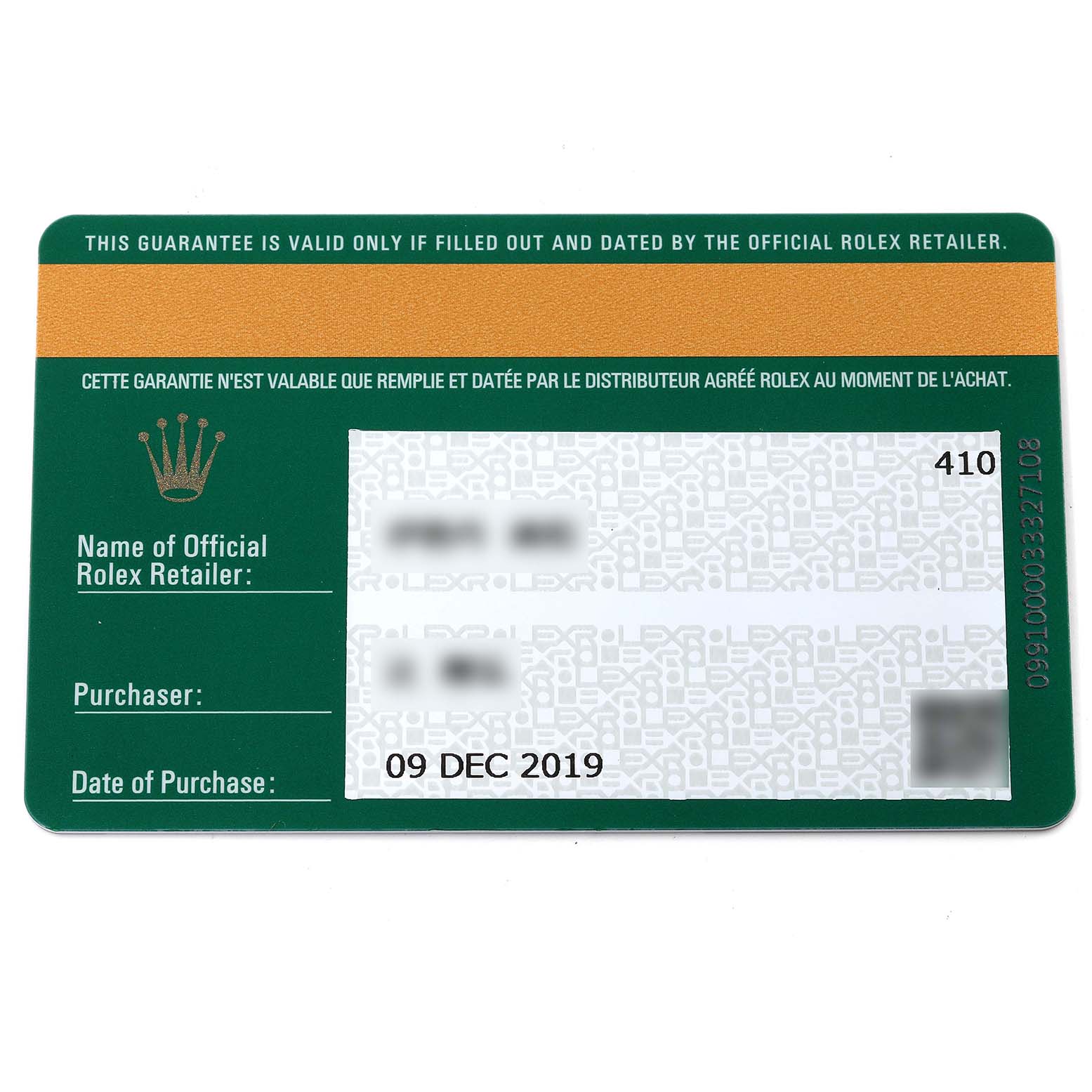 This image shows the warranty card for the Rolex Datejust 41 126334 Men's Stainless Steel Black Dial 126334 Men's Stainless Steel Black Dial model, displaying purchase information and authenticity details.