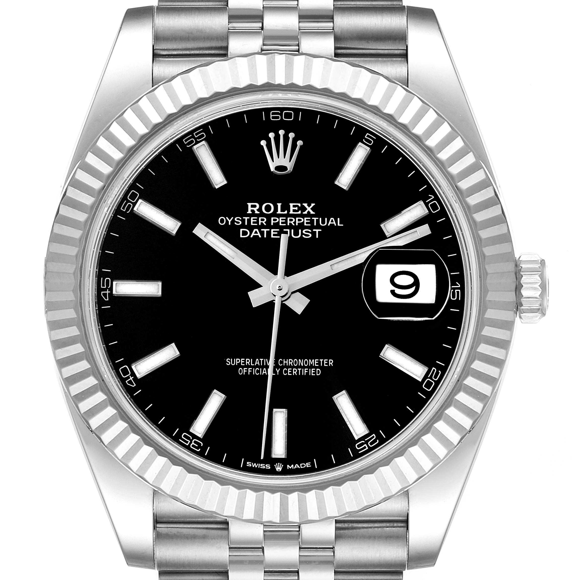 The image shows a front view of the Rolex Datejust 41 126334 Men's Stainless Steel Black Dial 126334 Men's Stainless Steel Black Dial watch, highlighting its black dial, fluted bezel, and Jubilee bracelet.