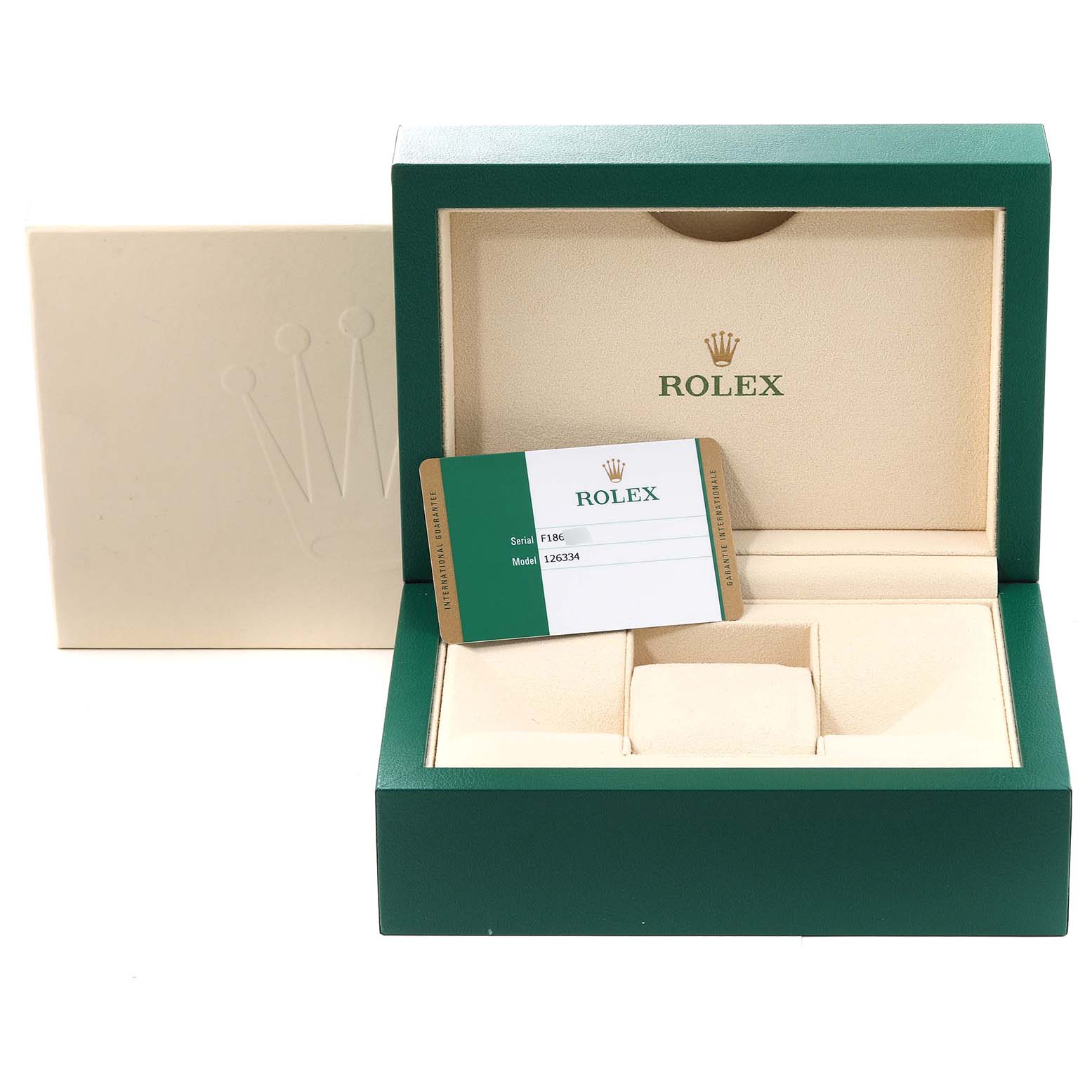 The image shows the packaging and documents for the Rolex Datejust 41 126334 Men's Stainless Steel Black Dial 126334 Men's Stainless Steel Black Dial, including the watch box and a warranty card.