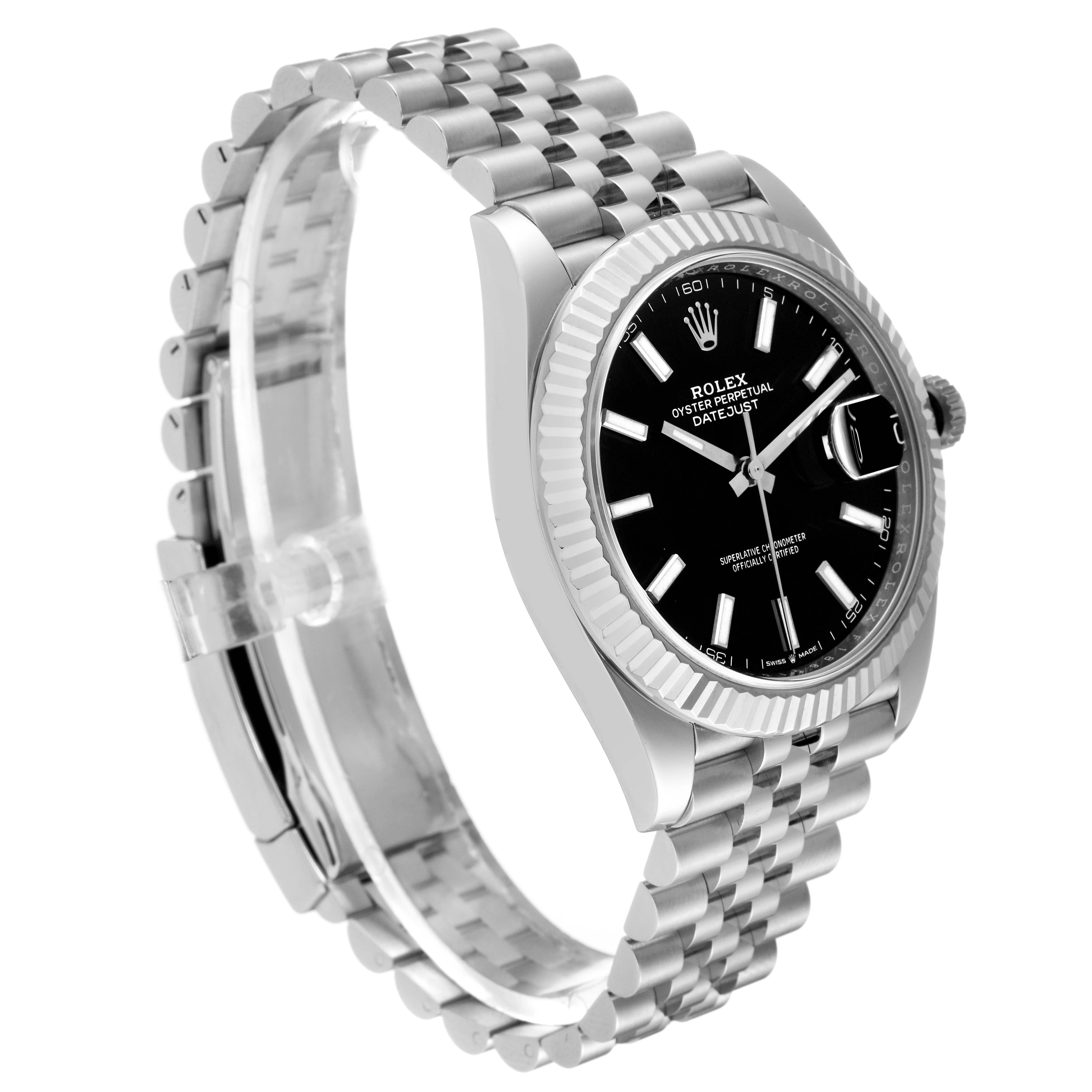 The image depicts a Rolex Datejust 41 126334 Men's Stainless Steel Black Dial 126334 Men's Stainless Steel Black Dial model watch from a side angle, showing the face, bezel, crown, and part of the bracelet.