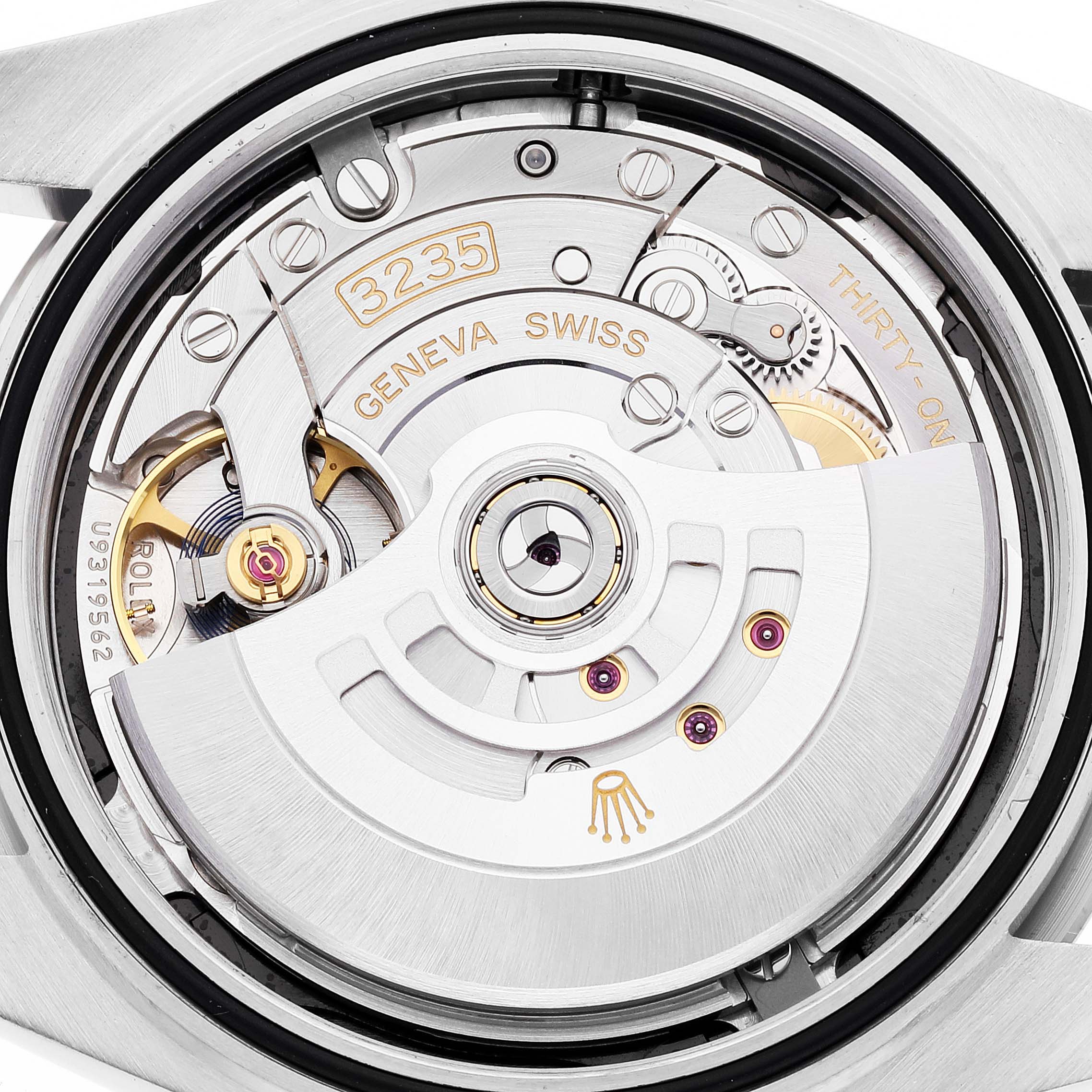 This is a close-up view of the Rolex Datejust 41 126334 Men's Stainless Steel Black Dial 126334 Men's Stainless Steel Black Dial model's movement, showing intricate components and the rotor mechanism.