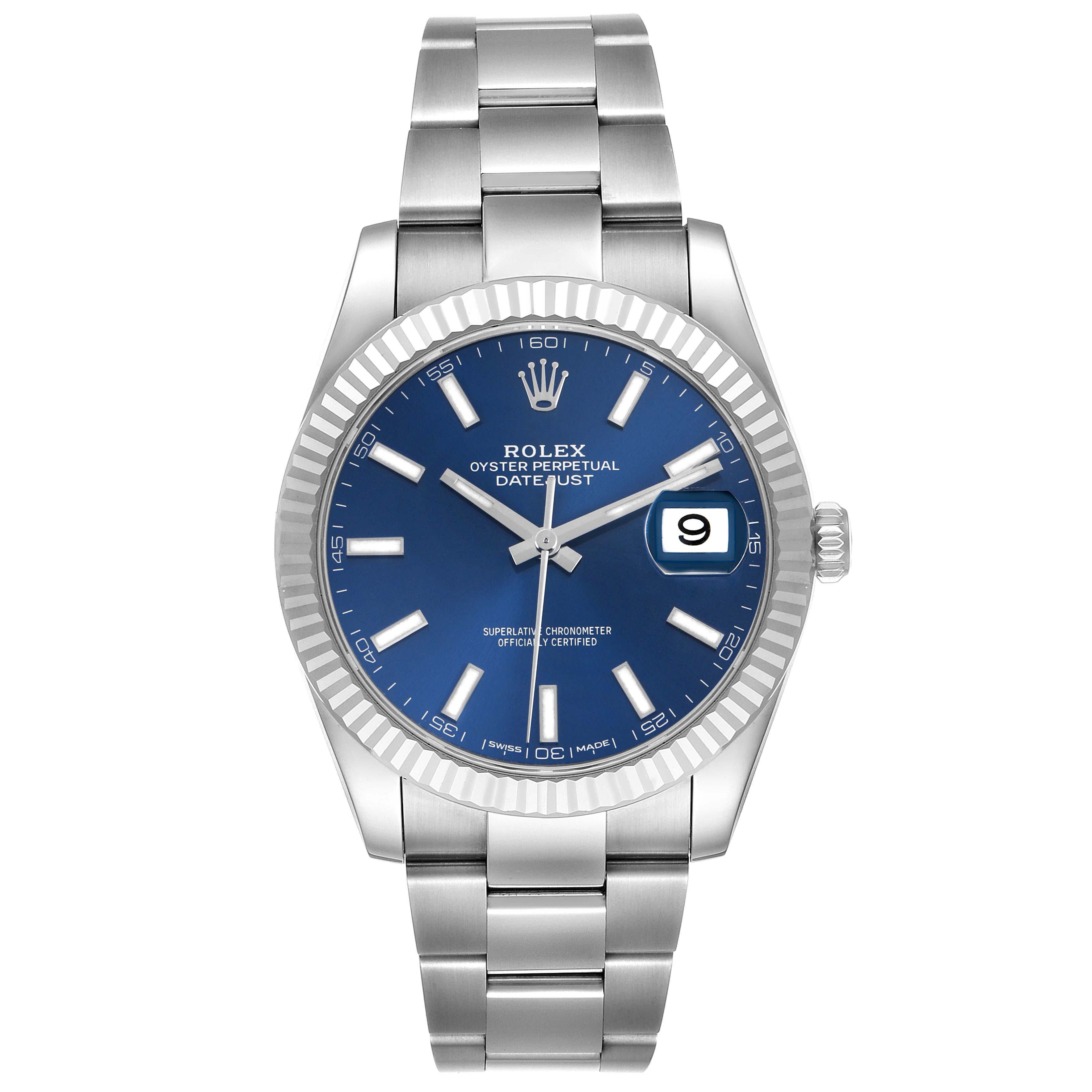 The Rolex Datejust 41 126334 Men's Stainless Steel Blue Dial is shown from a front angle, displaying the blue dial, fluted bezel, and bracelet.
