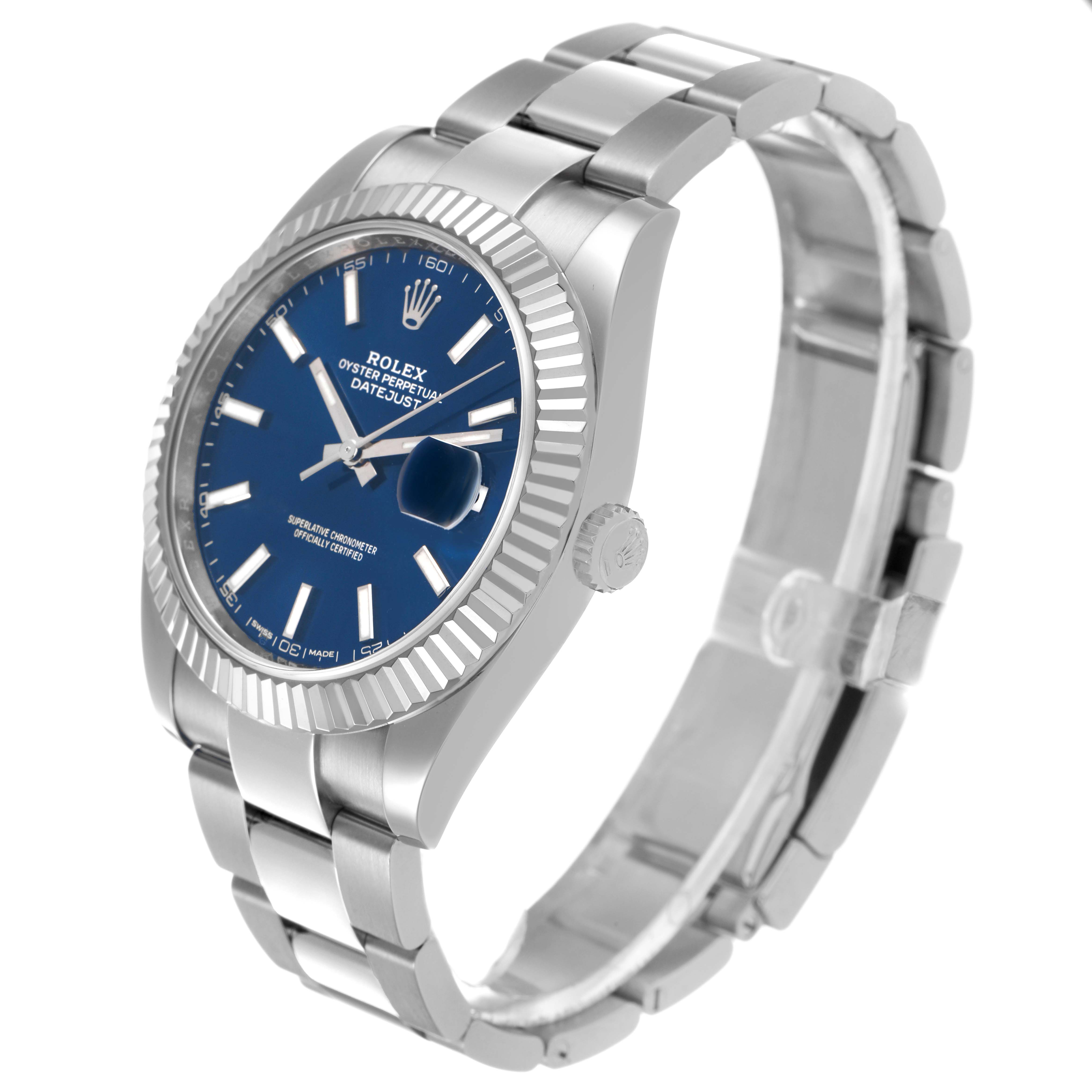The Rolex Datejust 41 126334 Men's Stainless Steel Blue Dial is shown at a three-quarter angle, highlighting the blue dial, fluted bezel, and Oyster bracelet.