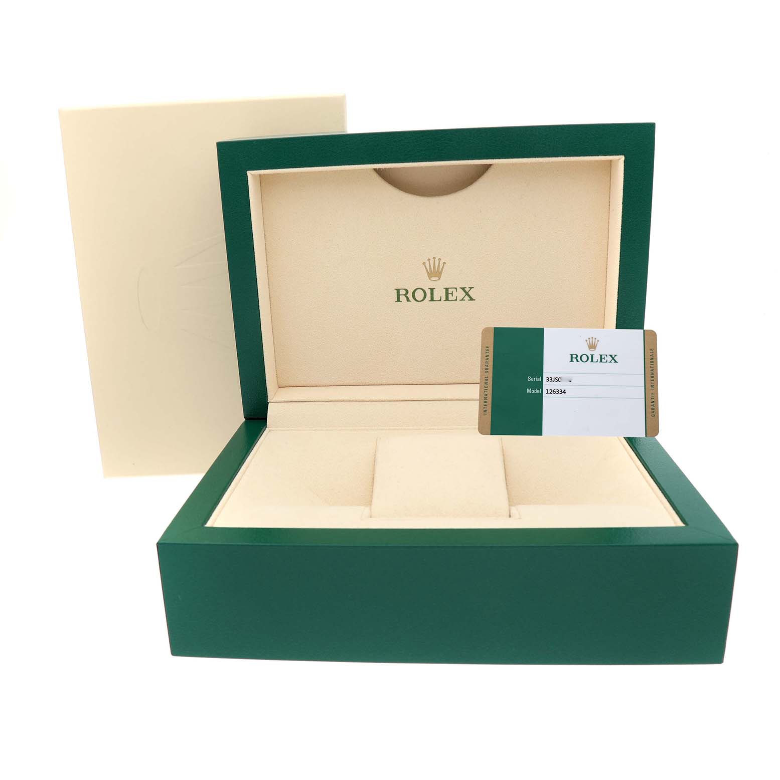 The image shows the packaging and documentation for a Rolex Datejust 41 126334 Men's Stainless Steel Blue Dial, including the green box and warranty card.