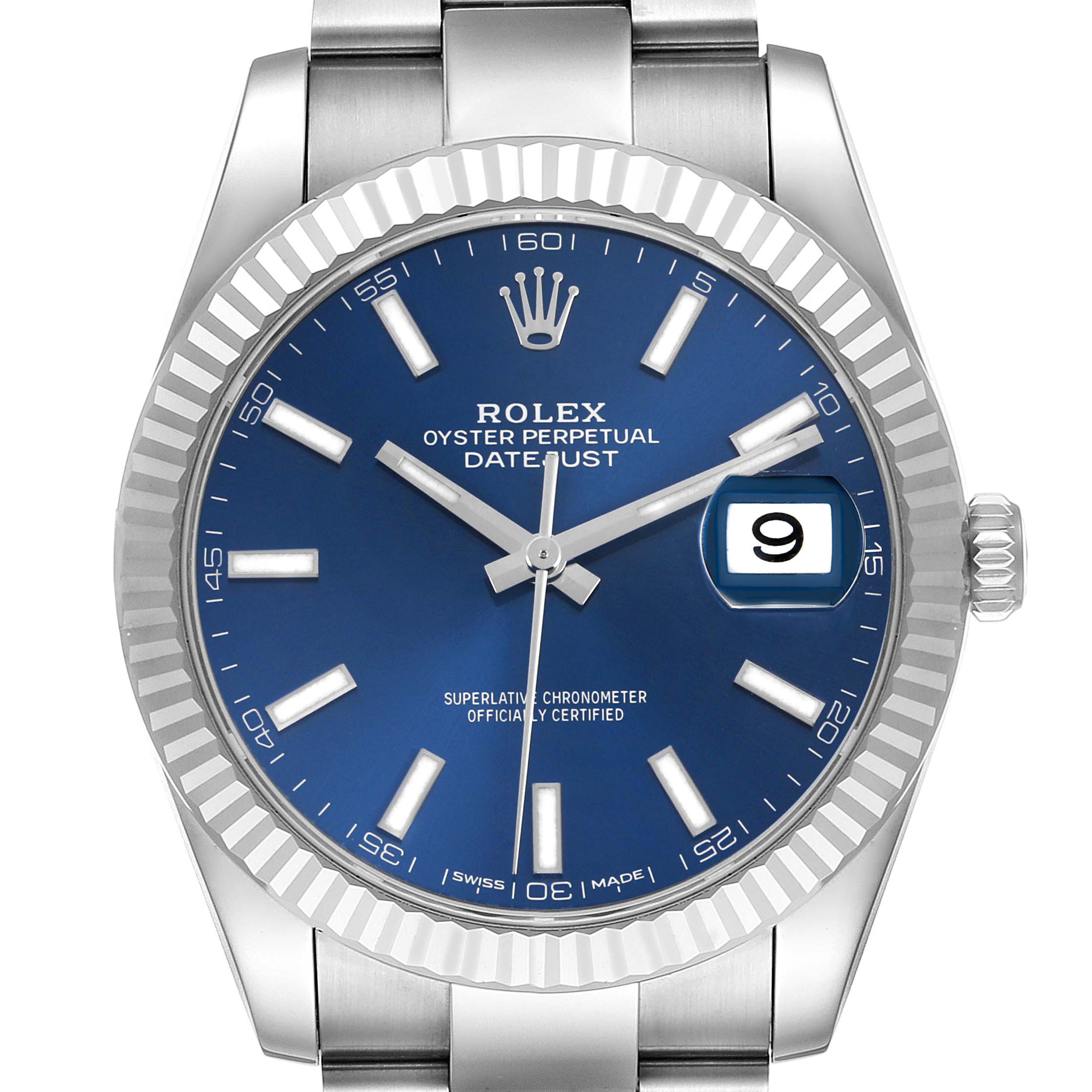 The Rolex Datejust 41 126334 Men's Stainless Steel Blue Dial is shown in a front view, highlighting the blue dial, fluted bezel, and date window at 3 o'clock.