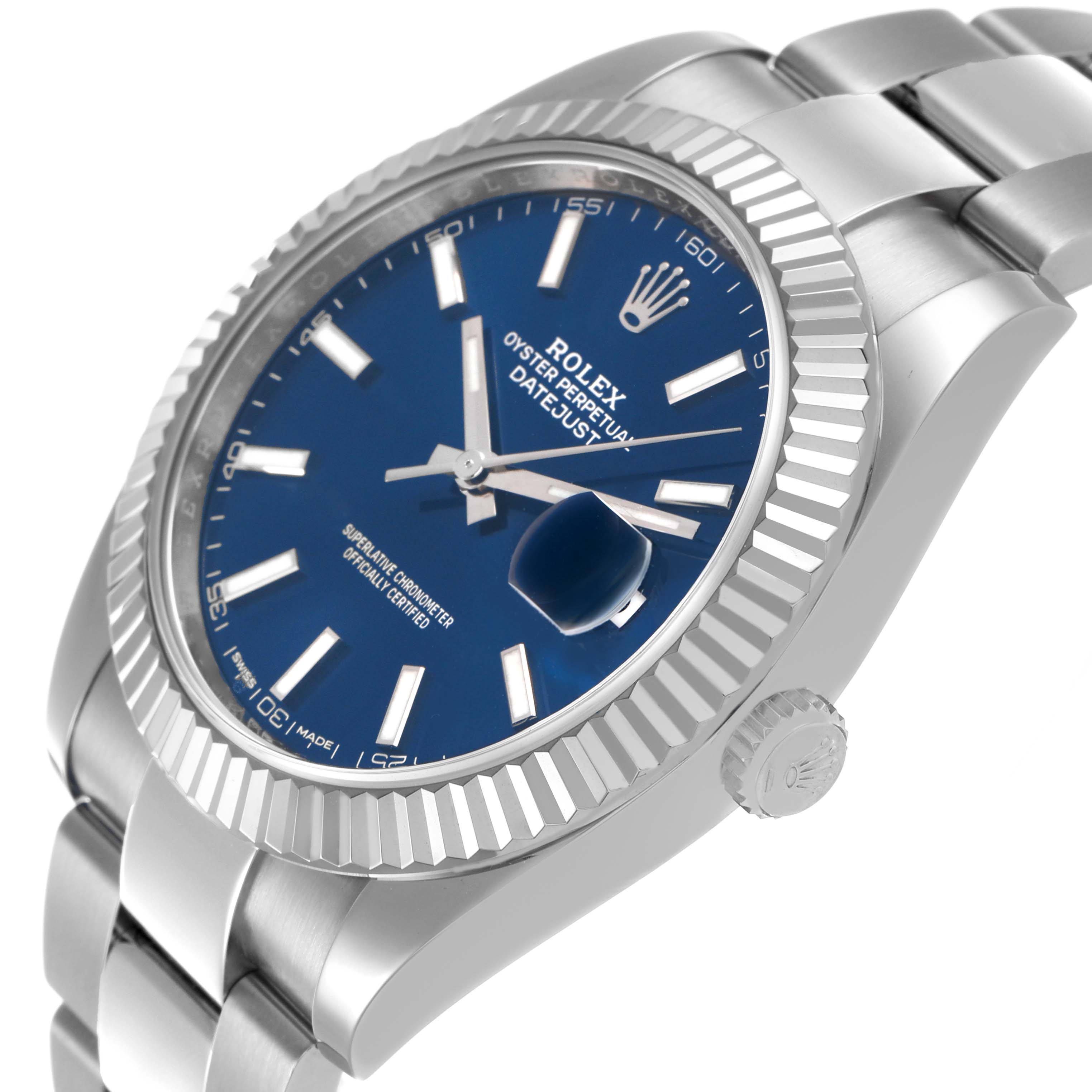 The Rolex Datejust 41 126334 Men's Stainless Steel Blue Dial watch is shown at an angled side view, highlighting the blue dial, fluted bezel, and part of the bracelet.