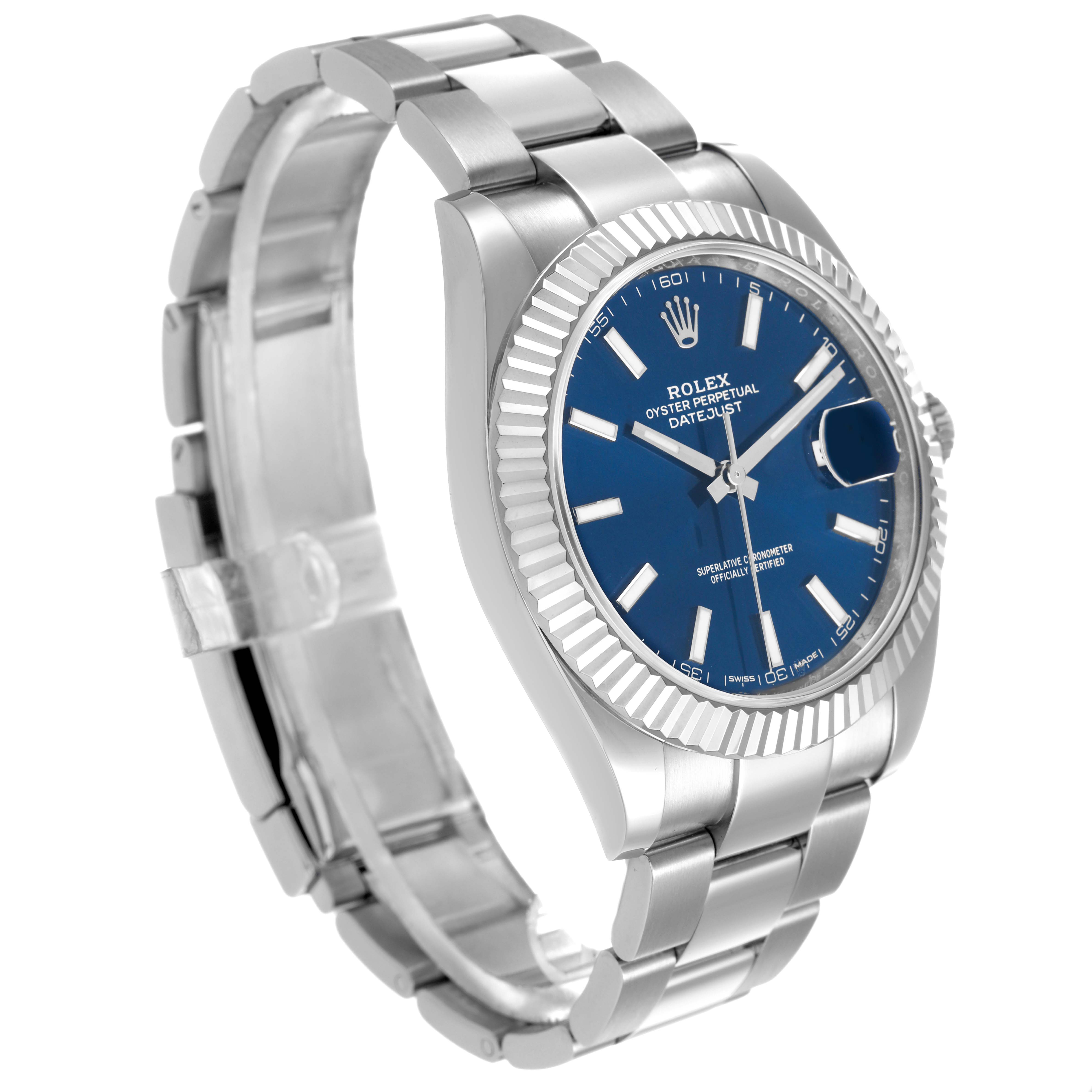 The Rolex Datejust 41 126334 Men's Stainless Steel Blue Dial is shown at a three-quarter angle, highlighting its blue dial, fluted bezel, and stainless steel bracelet.