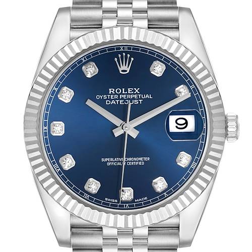 The Rolex Datejust 41 126334 Men's Stainless Steel Blue Dial is shown from the front, highlighting its blue dial, fluted bezel, hour markers, and Jubilee bracelet.