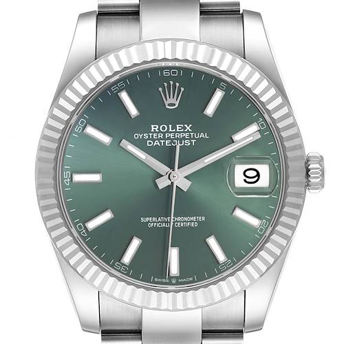 The Rolex Datejust 41 126334 Men's Stainless Steel Green Dial is shown from a front angle, highlighting the dial, fluted bezel, bracelet, and date window.