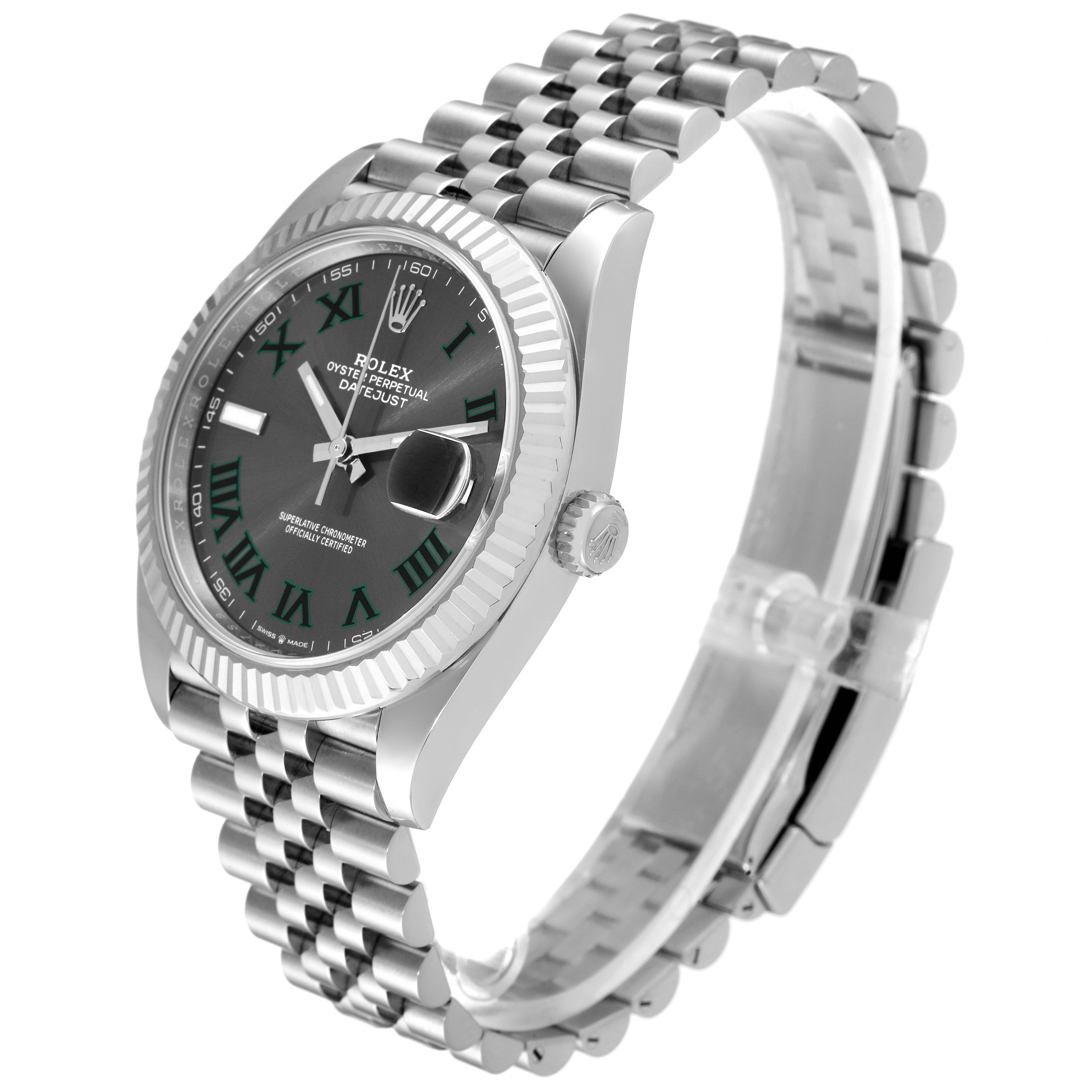This image shows a Rolex Datejust 41 126334 Men's Stainless Steel Grey Dial 126334 Men's Stainless Steel Grey Dial watch photographed at an angle that highlights the face, bezel, band, and crown.