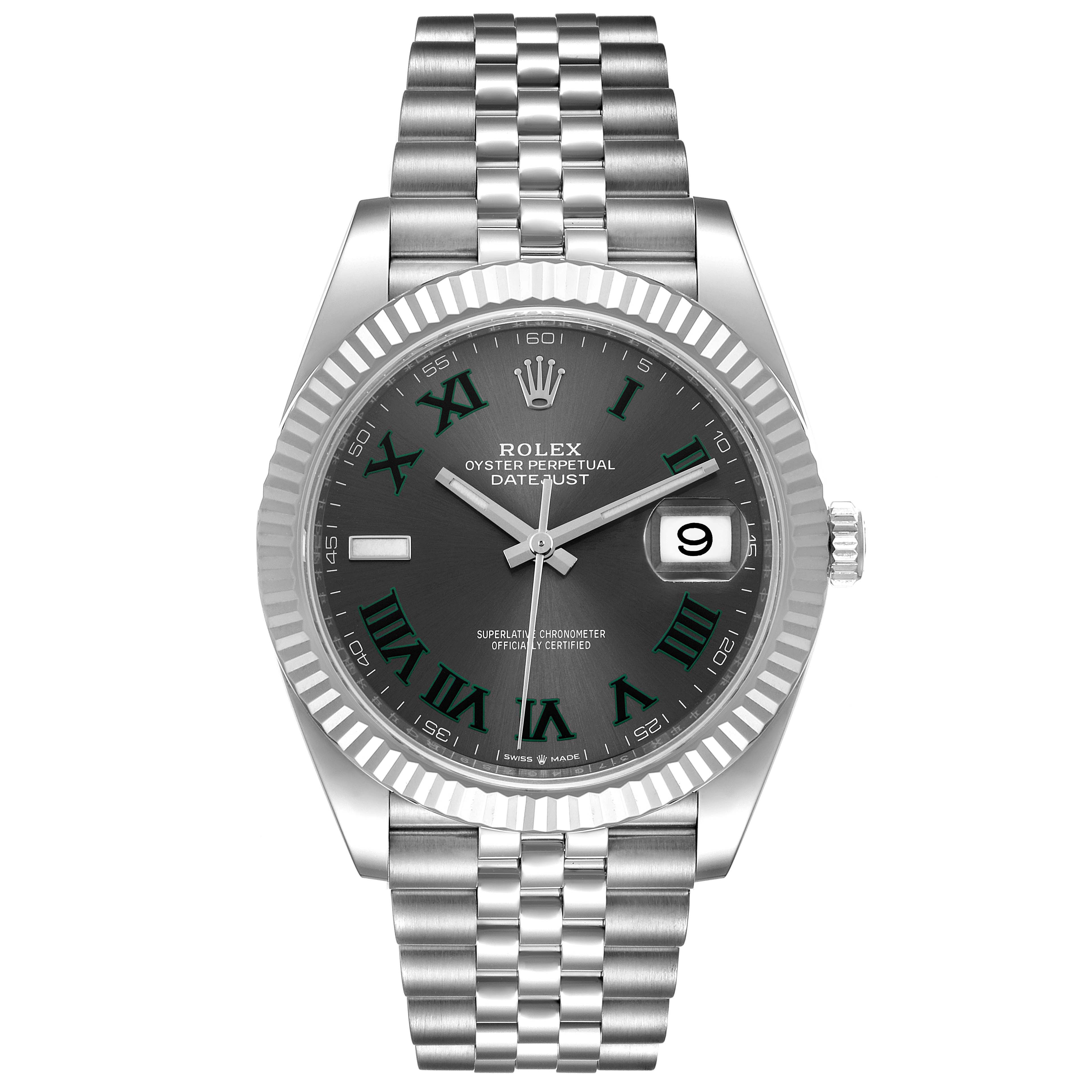This image shows a front view of the Rolex Datejust 41 126334 Men's Stainless Steel Grey Dial 126334 Men's Stainless Steel Grey Dial watch, featuring the dial, bezel, and Jubilee bracelet.