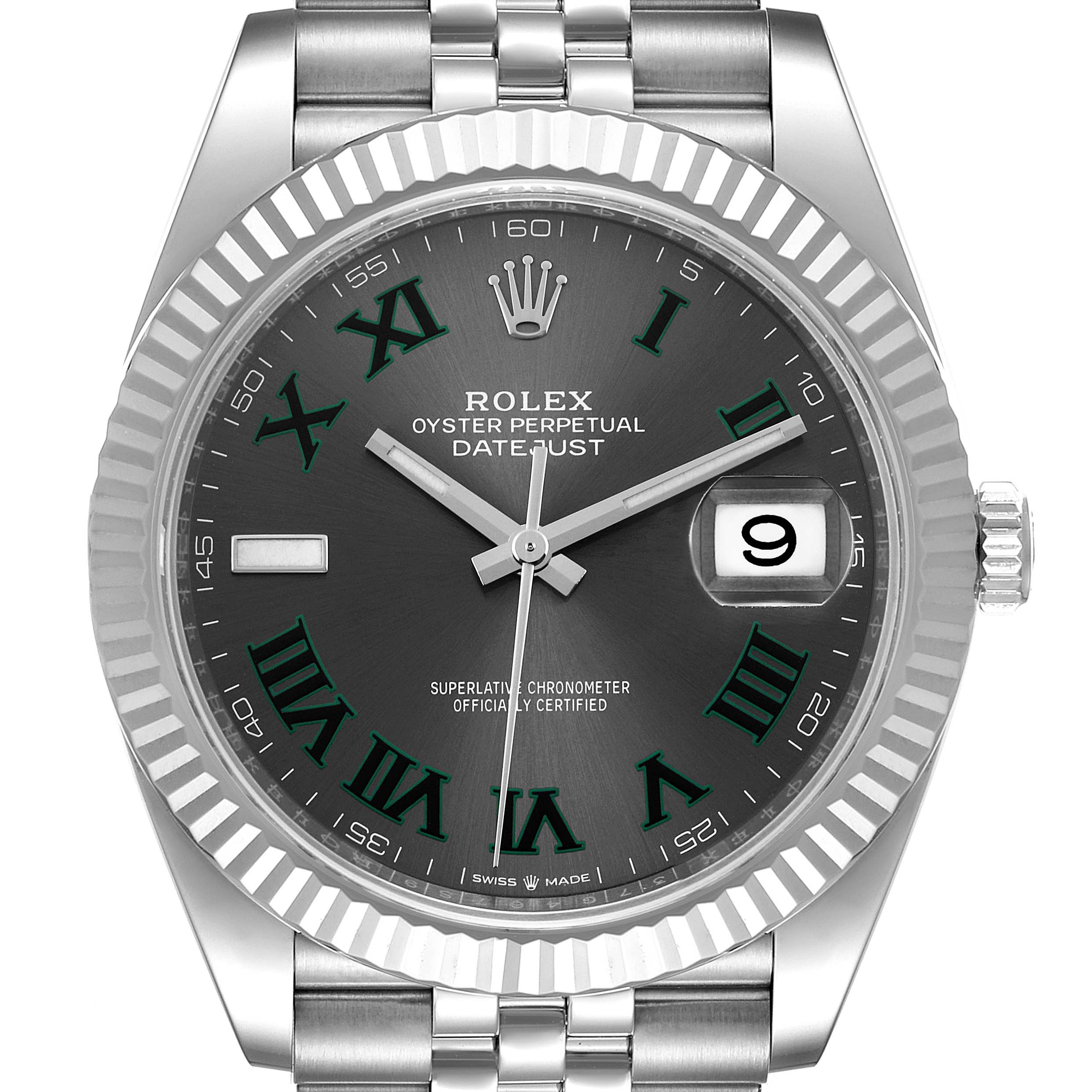 The image shows a front view of the Rolex Datejust 41 126334 Men's Stainless Steel Grey Dial 126334 Men's Stainless Steel Grey Dial watch, highlighting its dial, hands, bezel, and part of the bracelet.