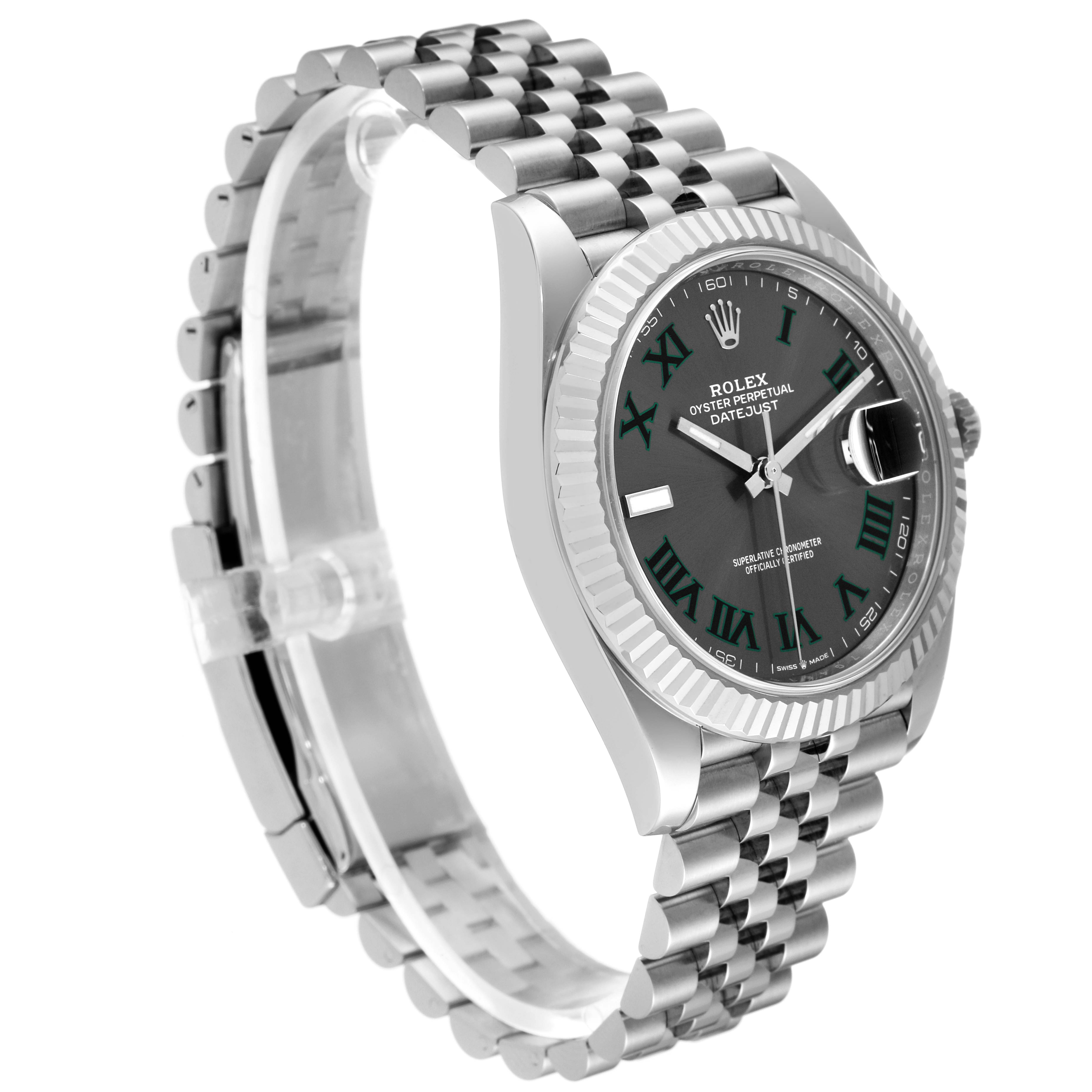 The image shows the Rolex Datejust 41 126334 Men's Stainless Steel Grey Dial 126334 Men's Stainless Steel Grey Dial watch from a three-quarter angle, displaying the face, bezel, and bracelet.