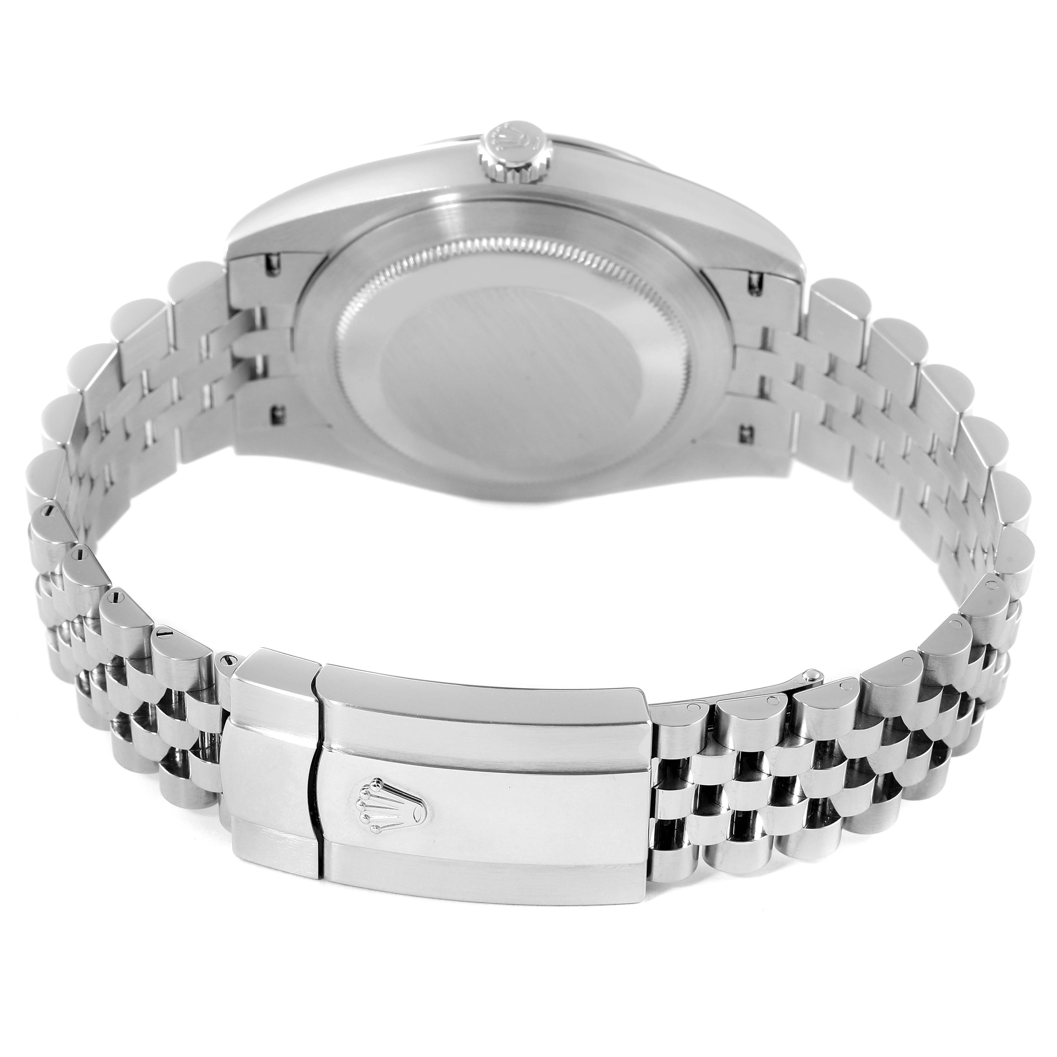 This image displays the back view of the Rolex Datejust 41 126334 Men's Stainless Steel Grey Dial 126334 Men's Stainless Steel Grey Dial watch, highlighting the case back, crown, and Jubilee bracelet with the clasp.