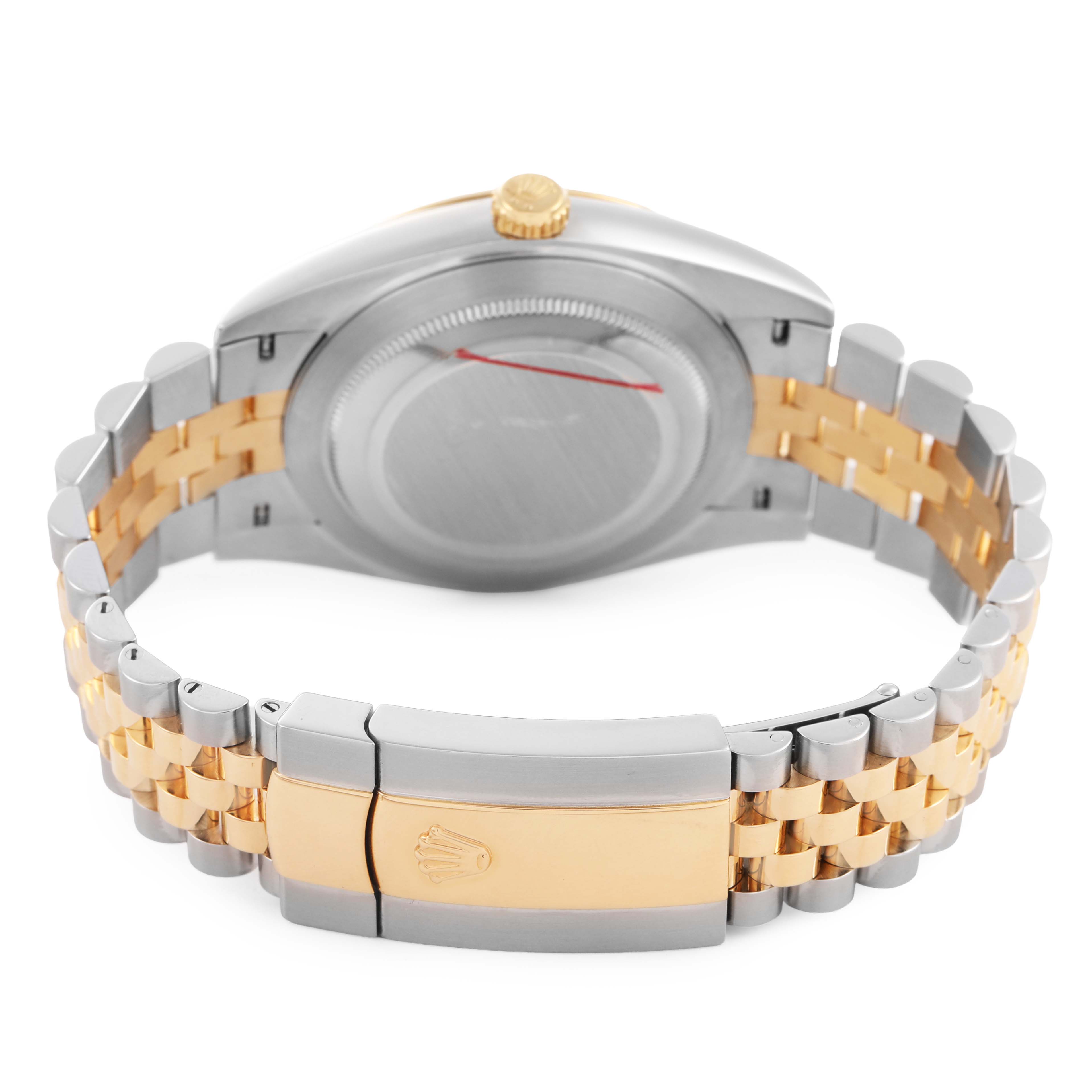 The image shows the back of a Rolex Datejust 41 126333 Men's Steel and Gold (two tone) Champagne Dial, highlighting the case back, gold crown, and two-tone bracelet with clasp.