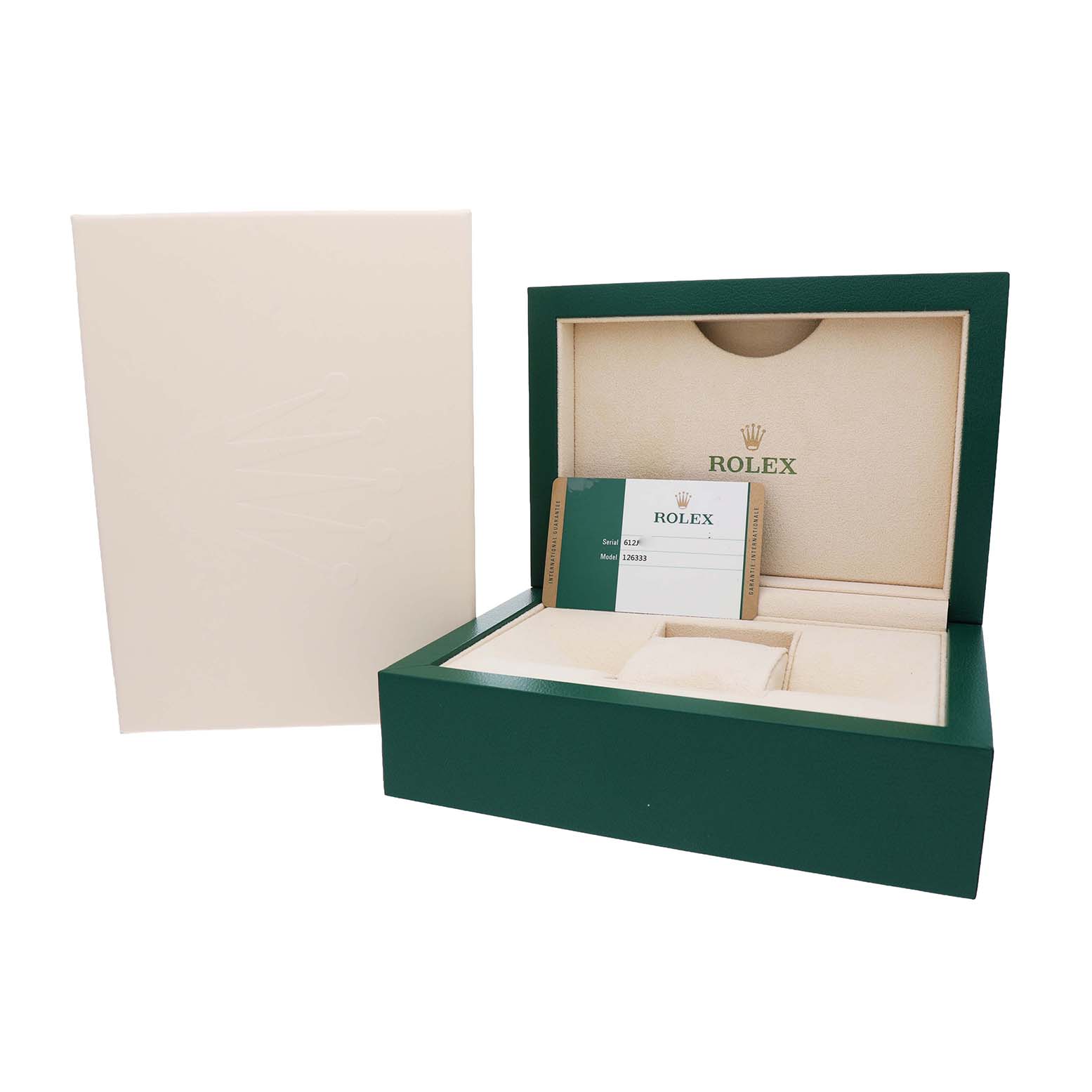 The image shows a Rolex Datejust 41 126333 Men's Steel and Gold (two tone) Champagne Dial box set, with a green outer box and warranty card displayed inside.